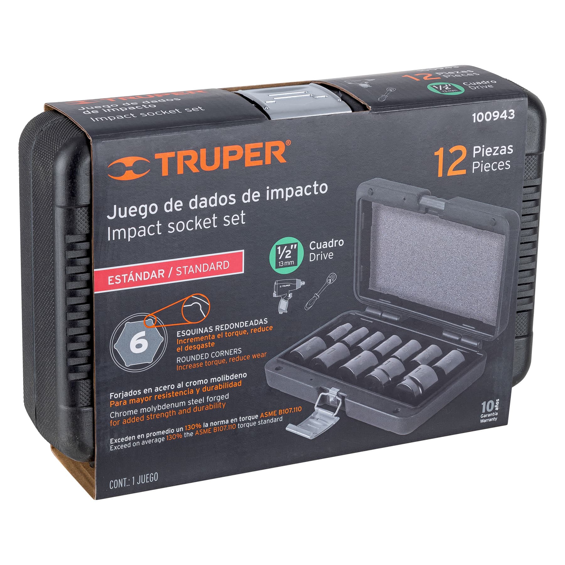 Juego de 12 dados cuadro 1/2" de impacto 6 puntas estándar