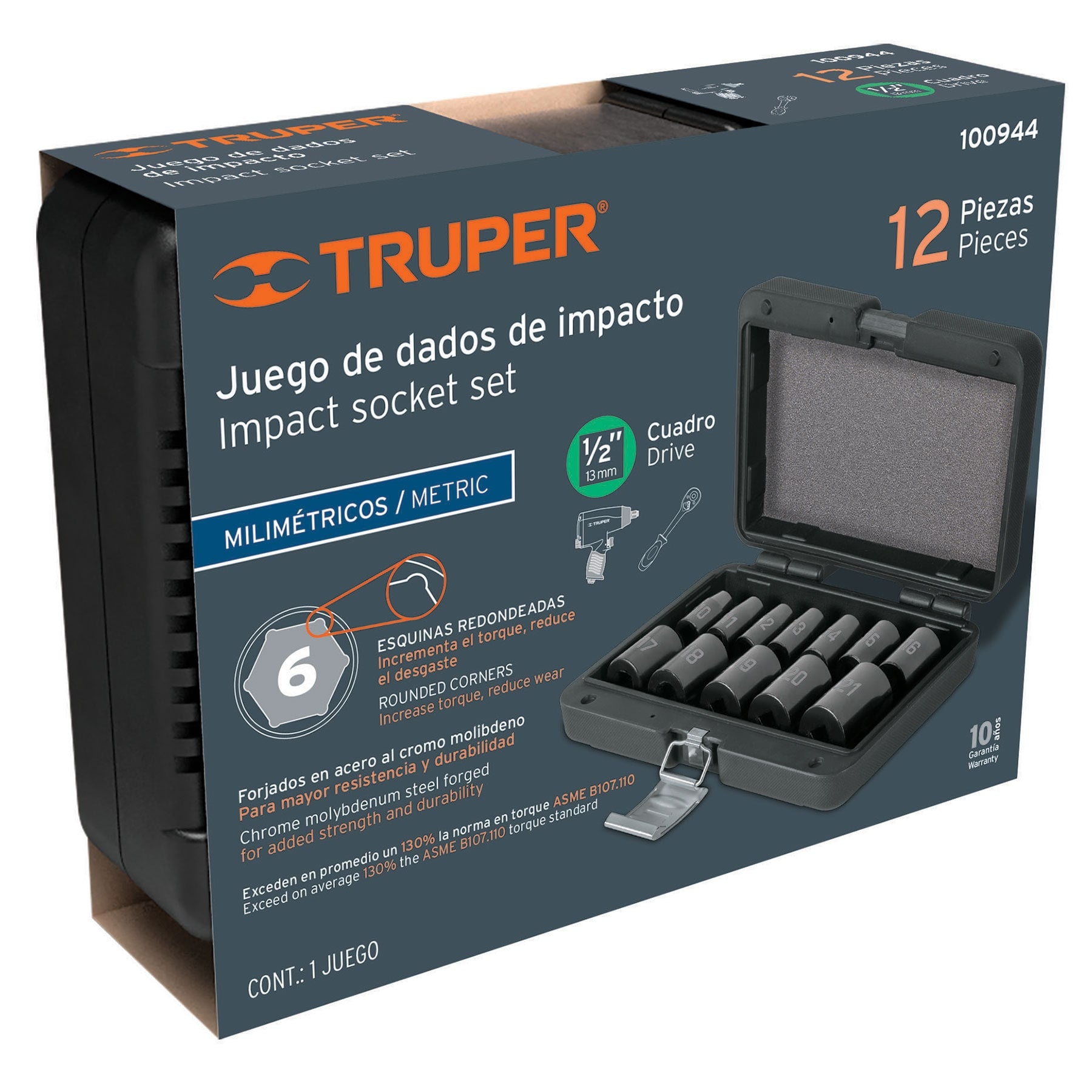 Juego de 12 dados de impacto cuadro 1/2", 6 puntas mm