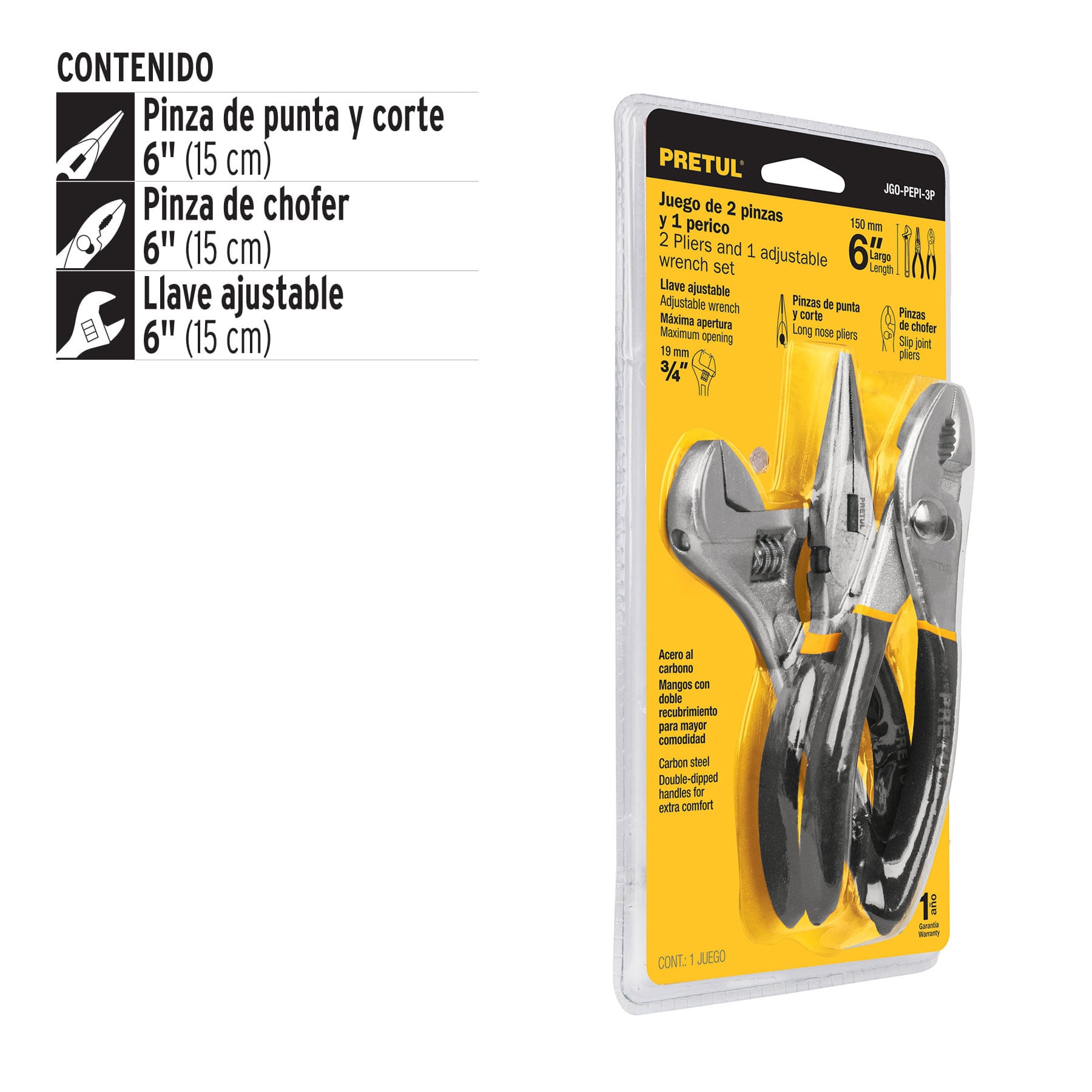 Juego de 2 pinzas y 1 llave ajustable, mangos de PVC, Pretul