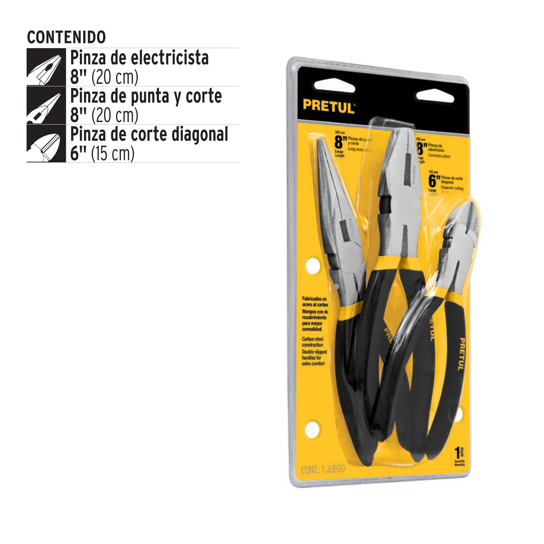 Juego de 3 pinzas, 2 de 6" y 1 de 8", mangos de PVC, Pretul