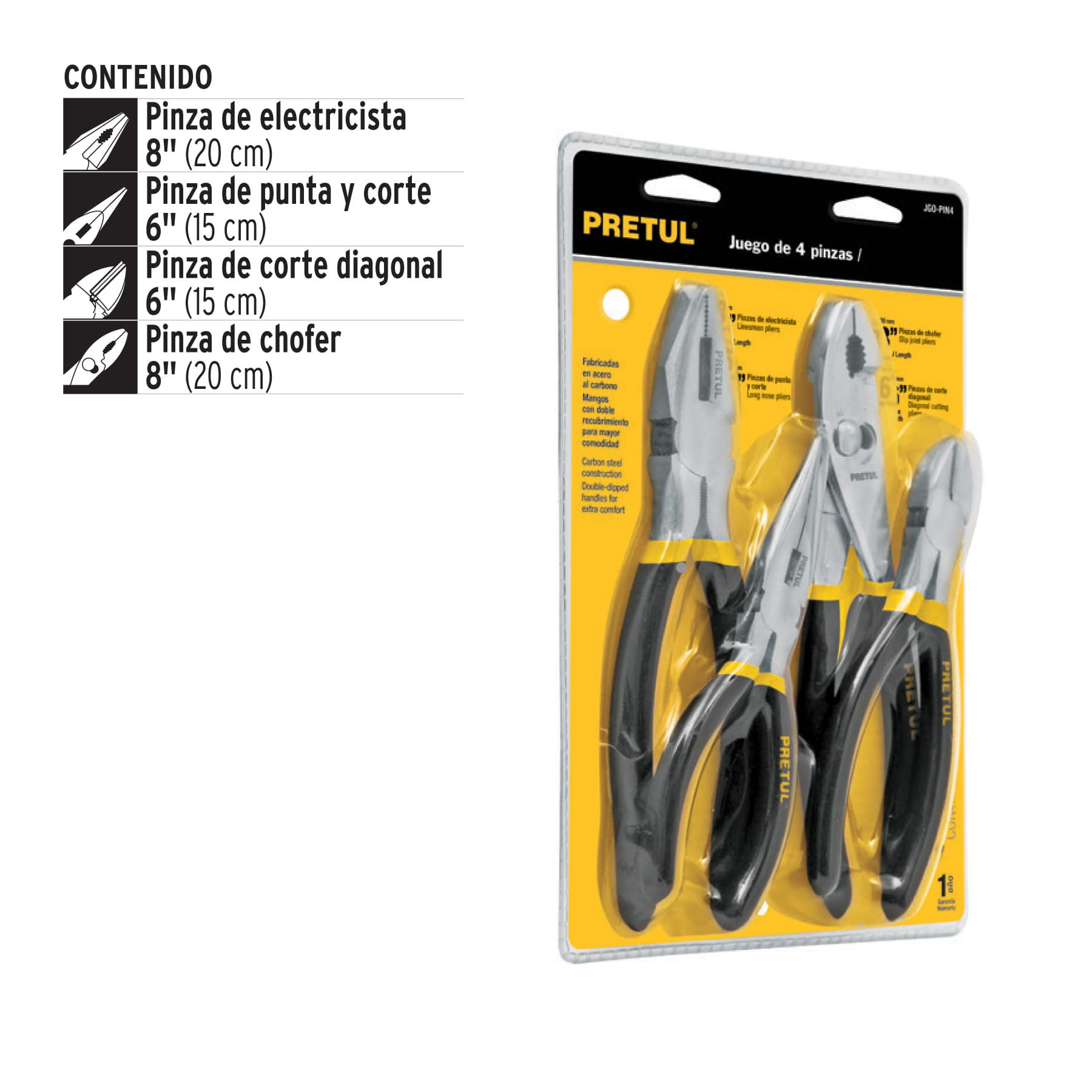 Juego de 4 pinzas, mangos de PVC, Pretul