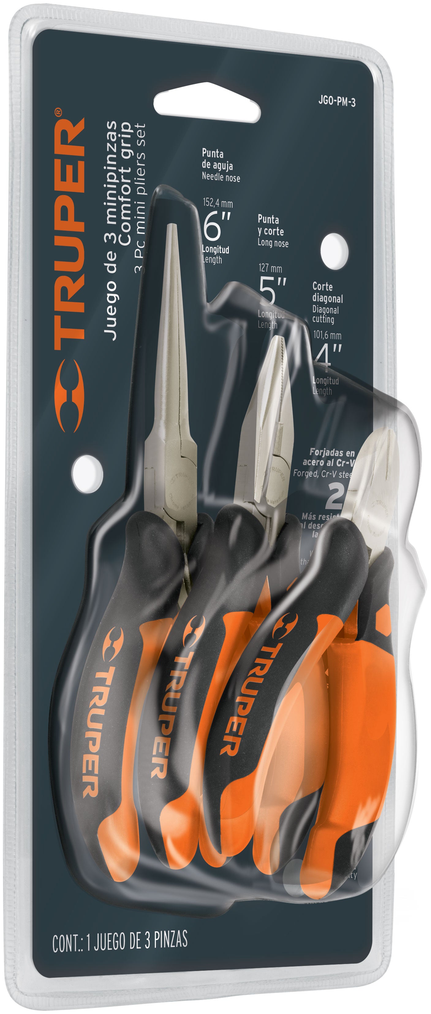 Juego de 3 mini pinzas mango Comfort Grip, Truper
