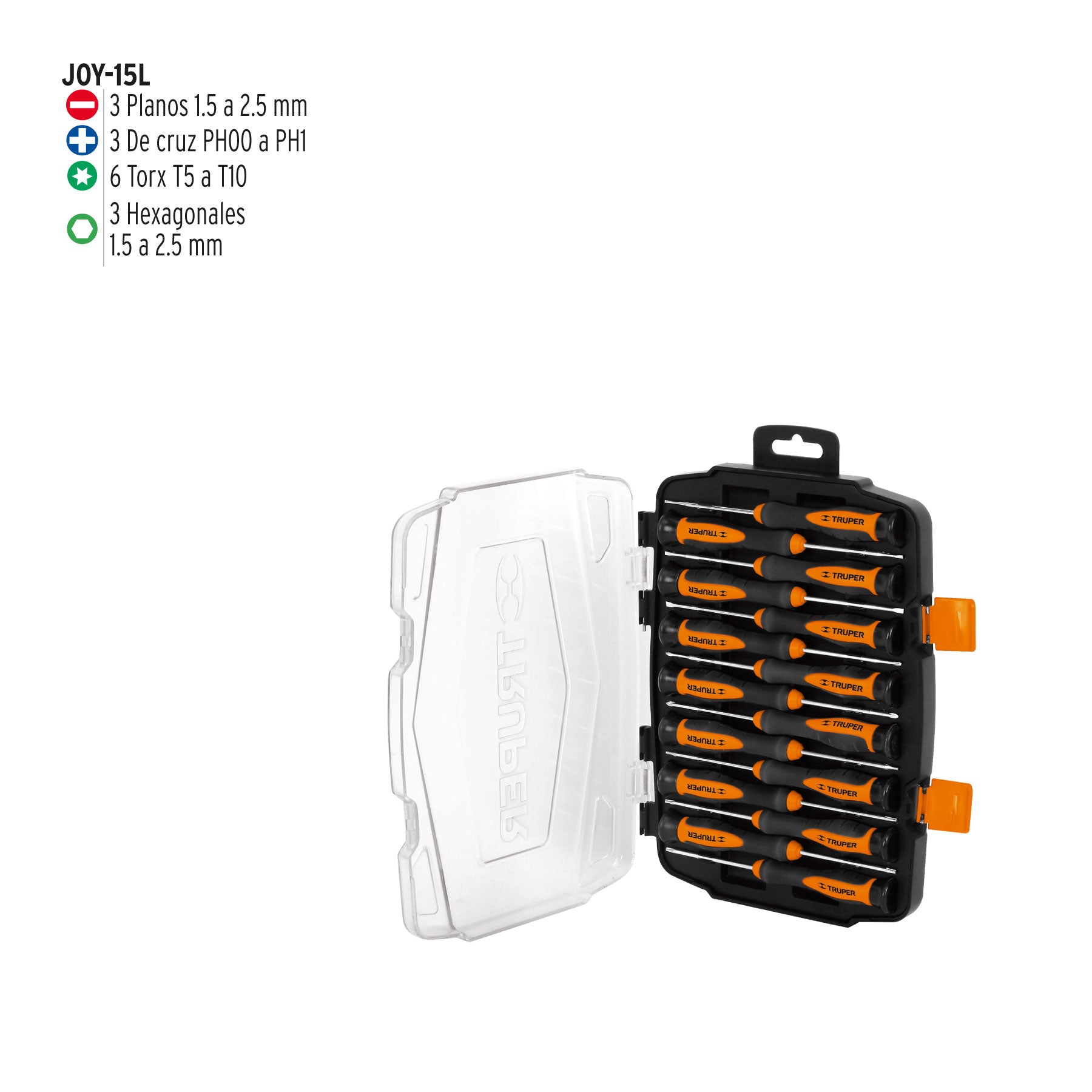 Juego con 15 desarmadores largos de precisión, Truper