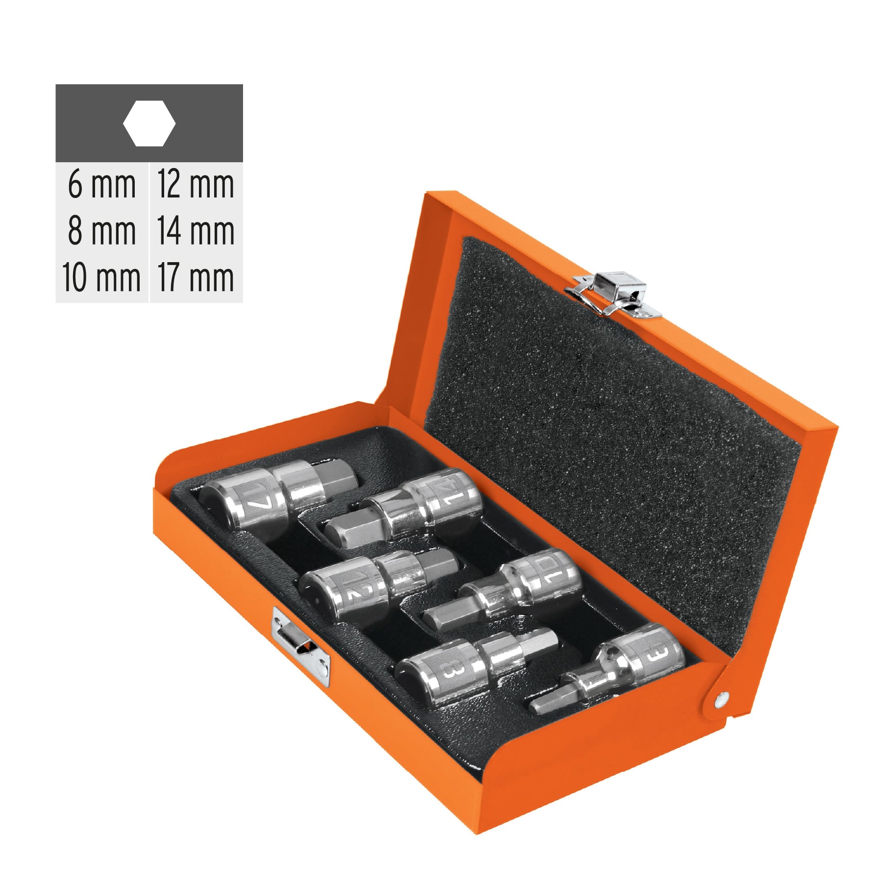 Juego de 6 dados cuadro 1/2" punta hex mm, estuche metálico