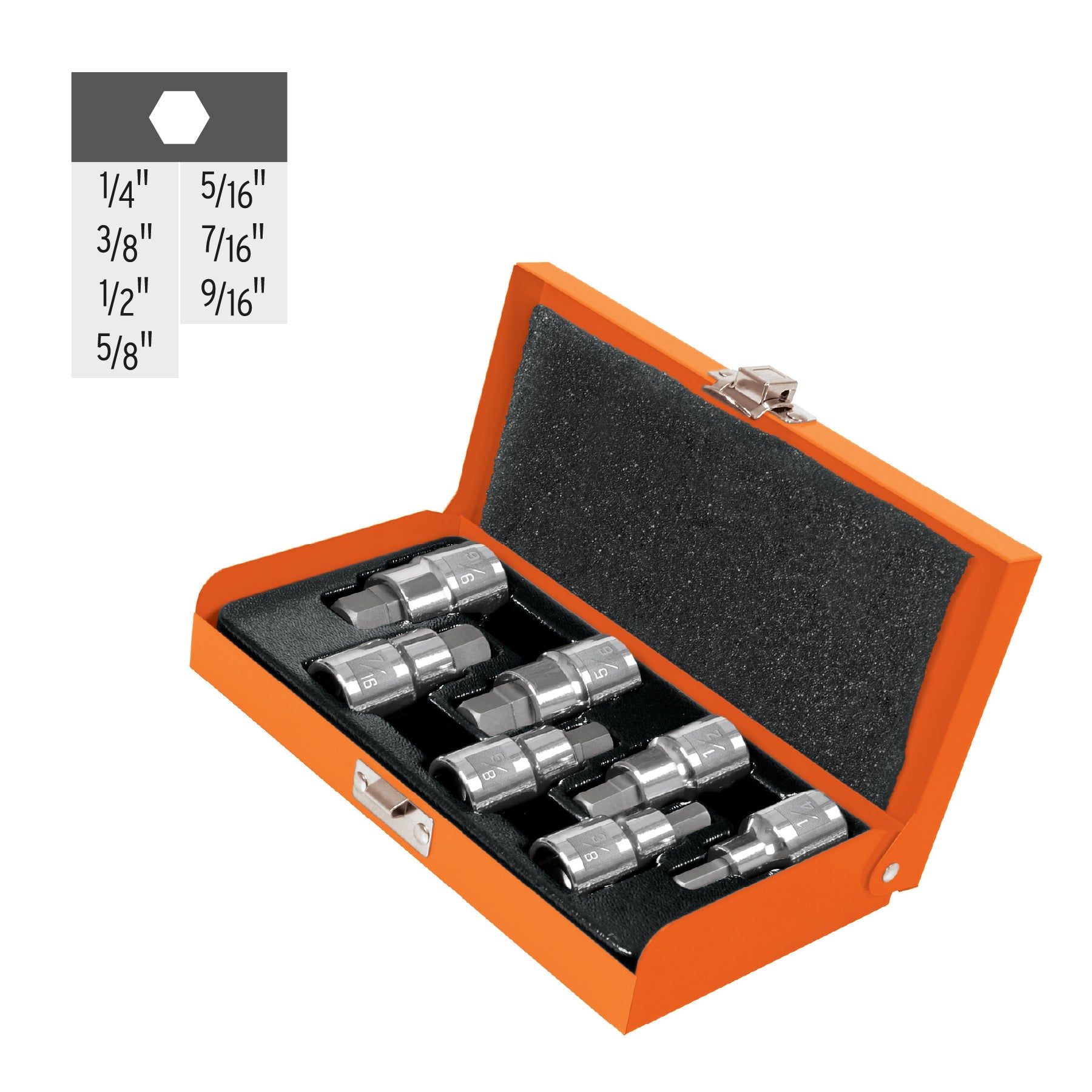 Juego de 7 dados cuadro 1/2" punta hex estándar, estuche metálico