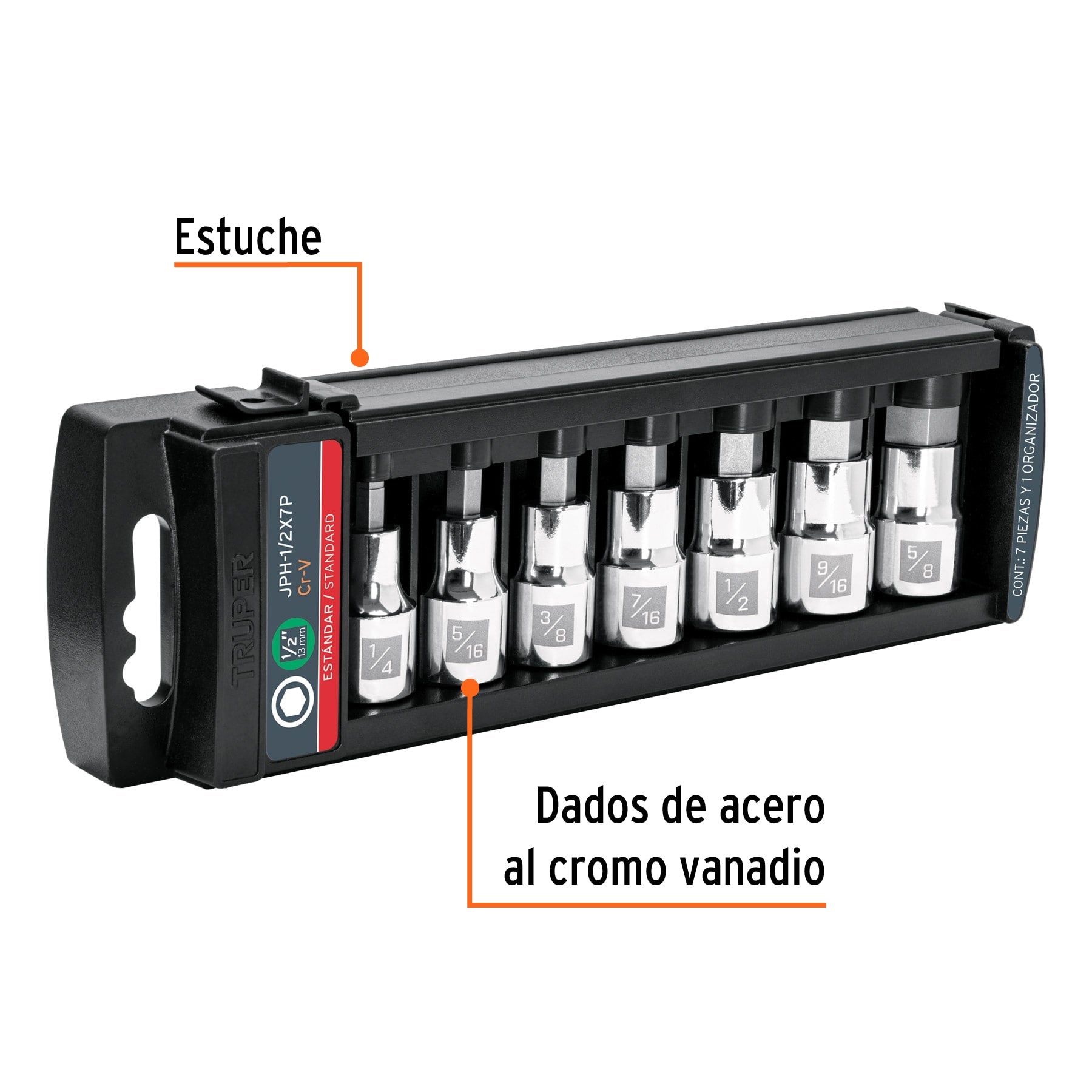 Juego de 7 dados cuadro 1/2" punta hexagonal estándar, Truper
