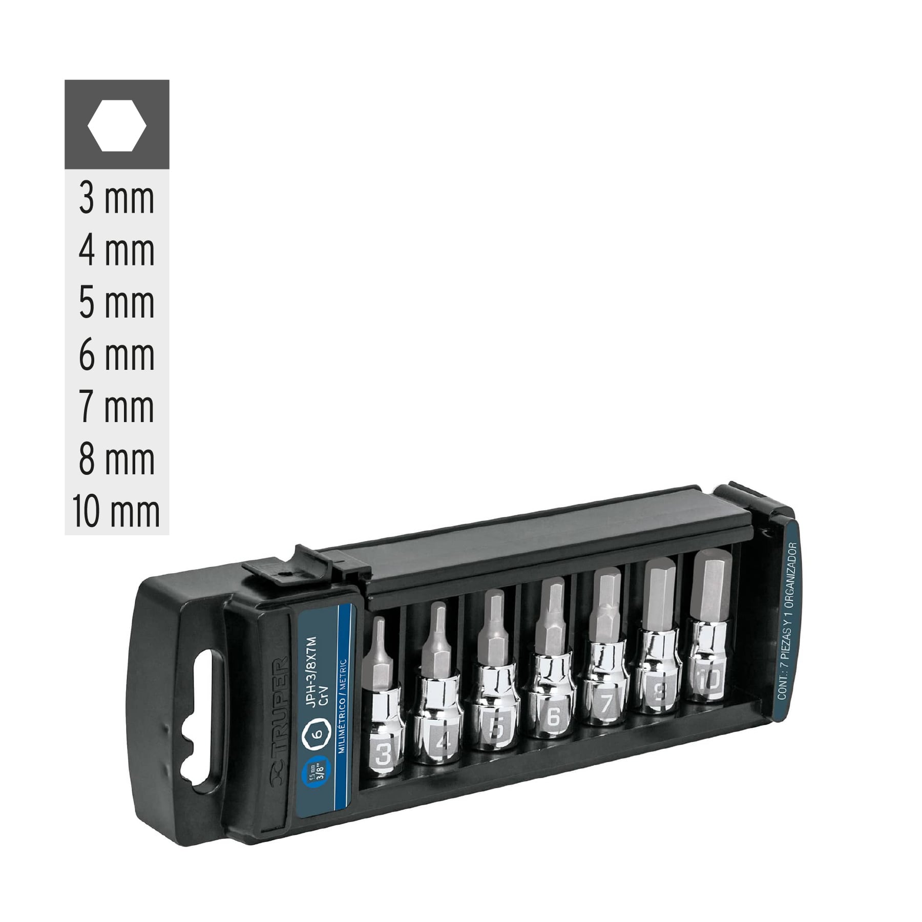Juego de 7 dados cuadro 3/8" punta hexagonal mm, Truper