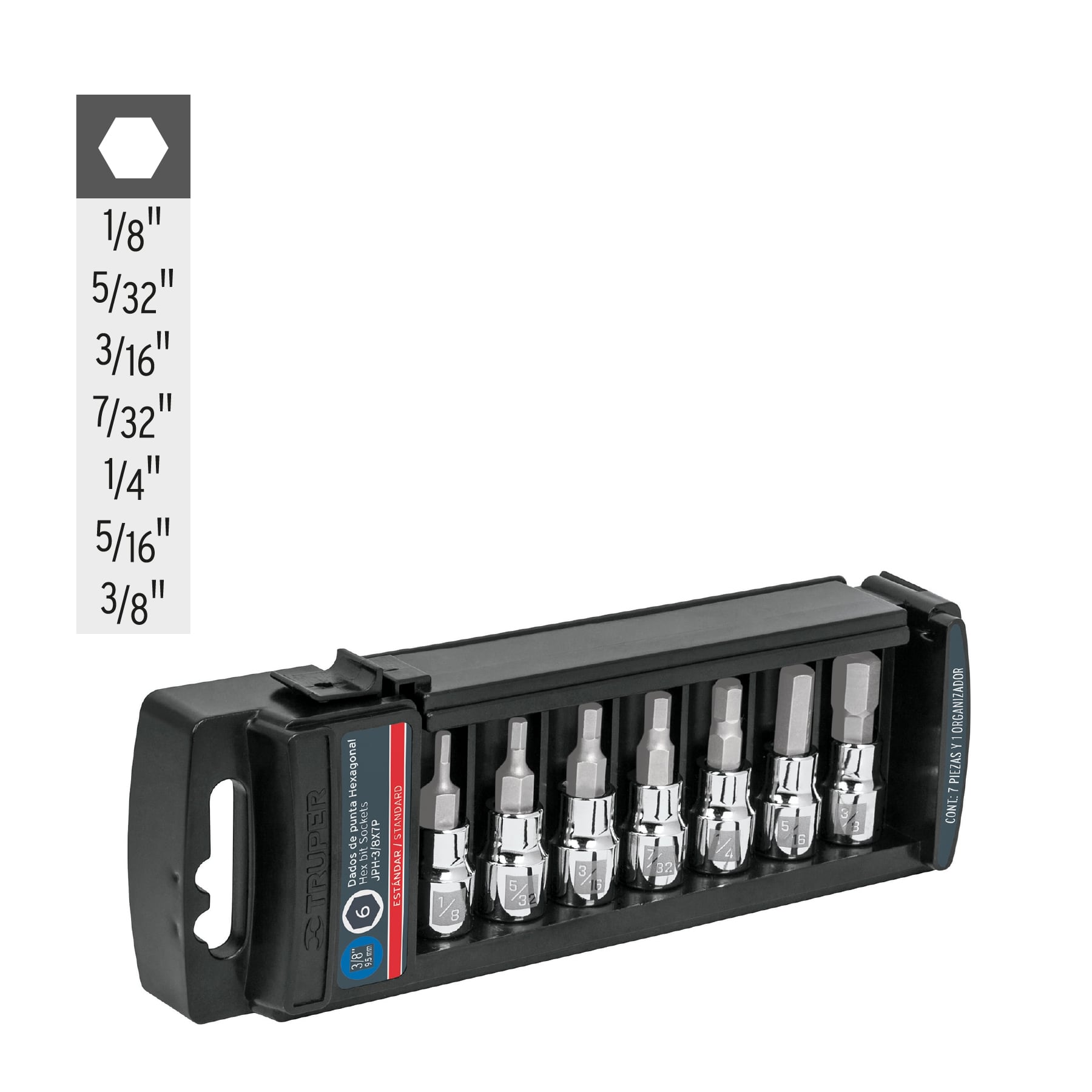 Juego de 7 dados punta hexagonal estándar, cuadro 3/8", Truper