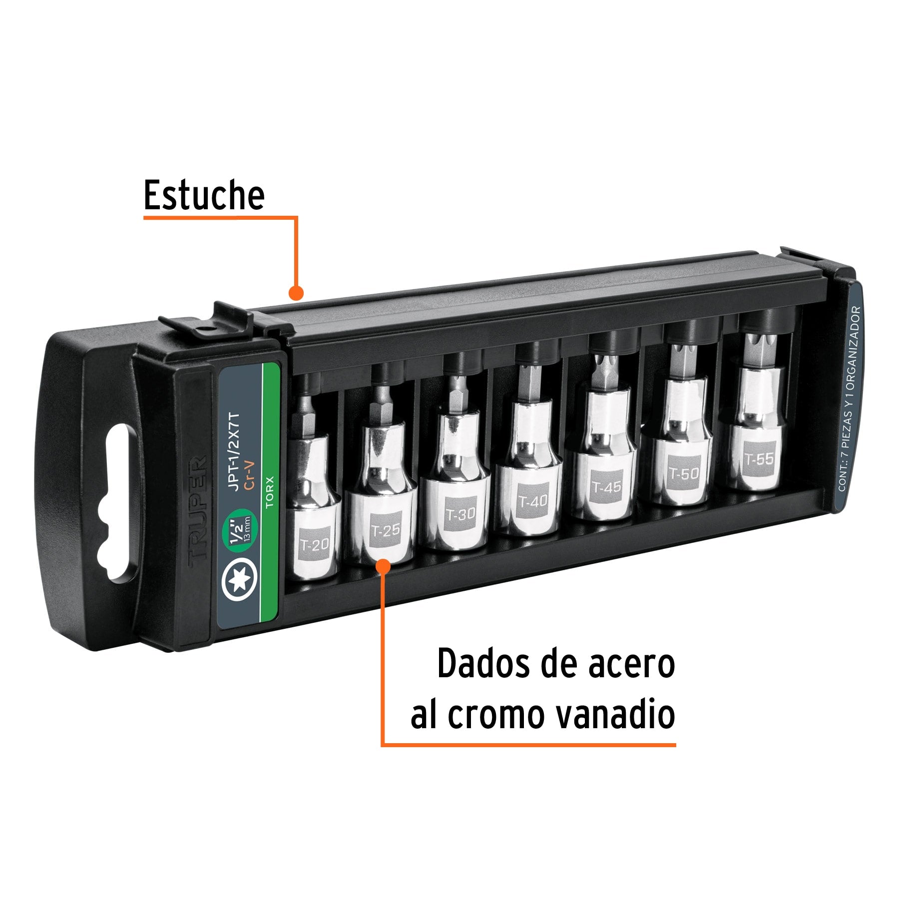 Juego de 7 dados cuadro 1/2" punta torx, Truper