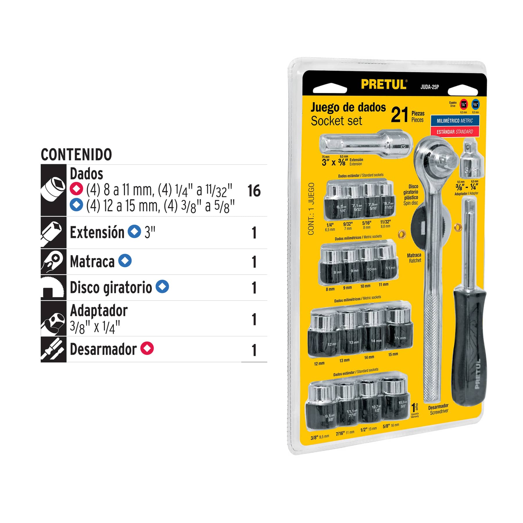 Juego de 21 herramientas 1/4" y 3/8" para mecánico, Pretul