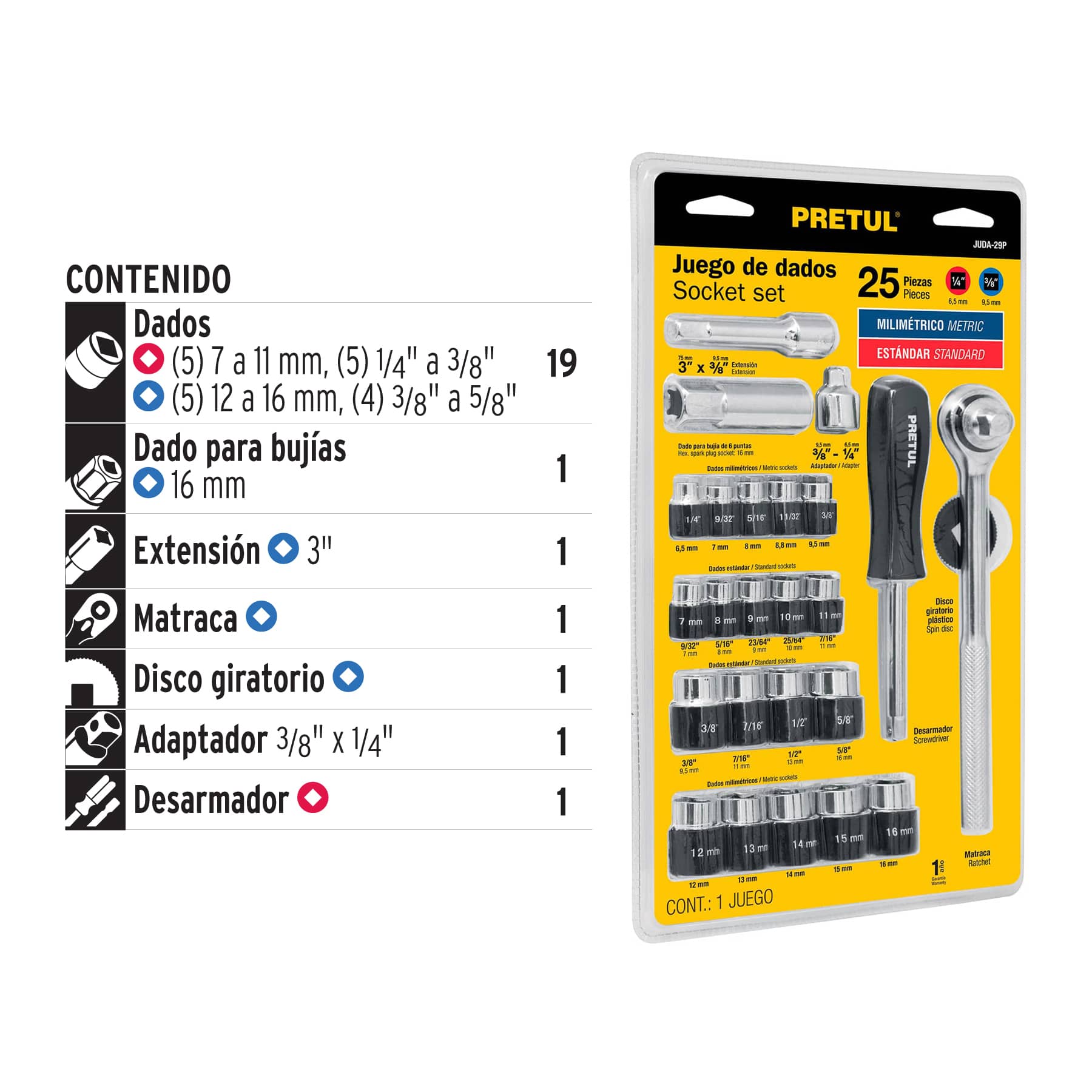 Juego de 25 herramientas 1/4" y 3/8" para mecánico, Pretul