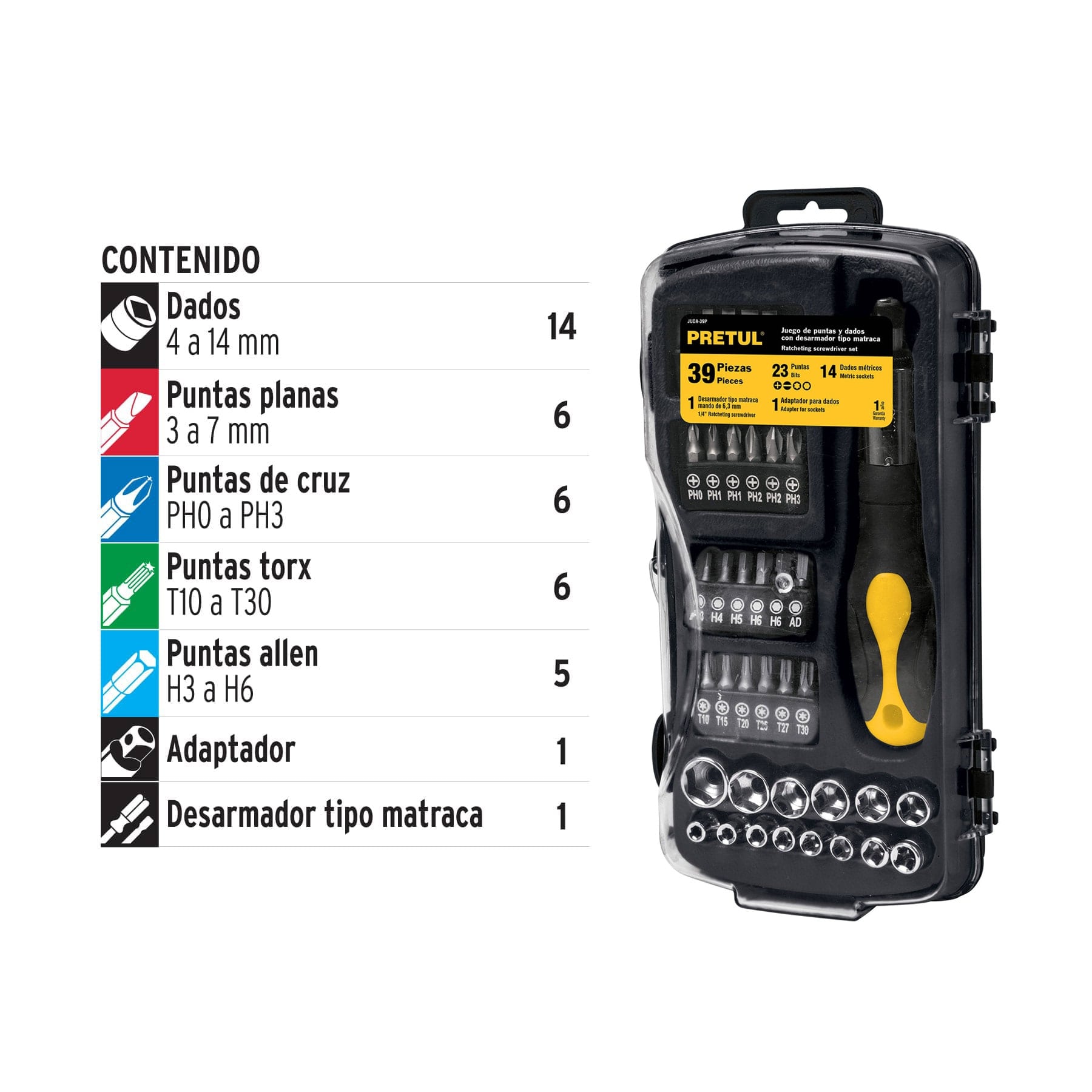 Juego de 39 herramientas 1/4" para mecánico, Pretul