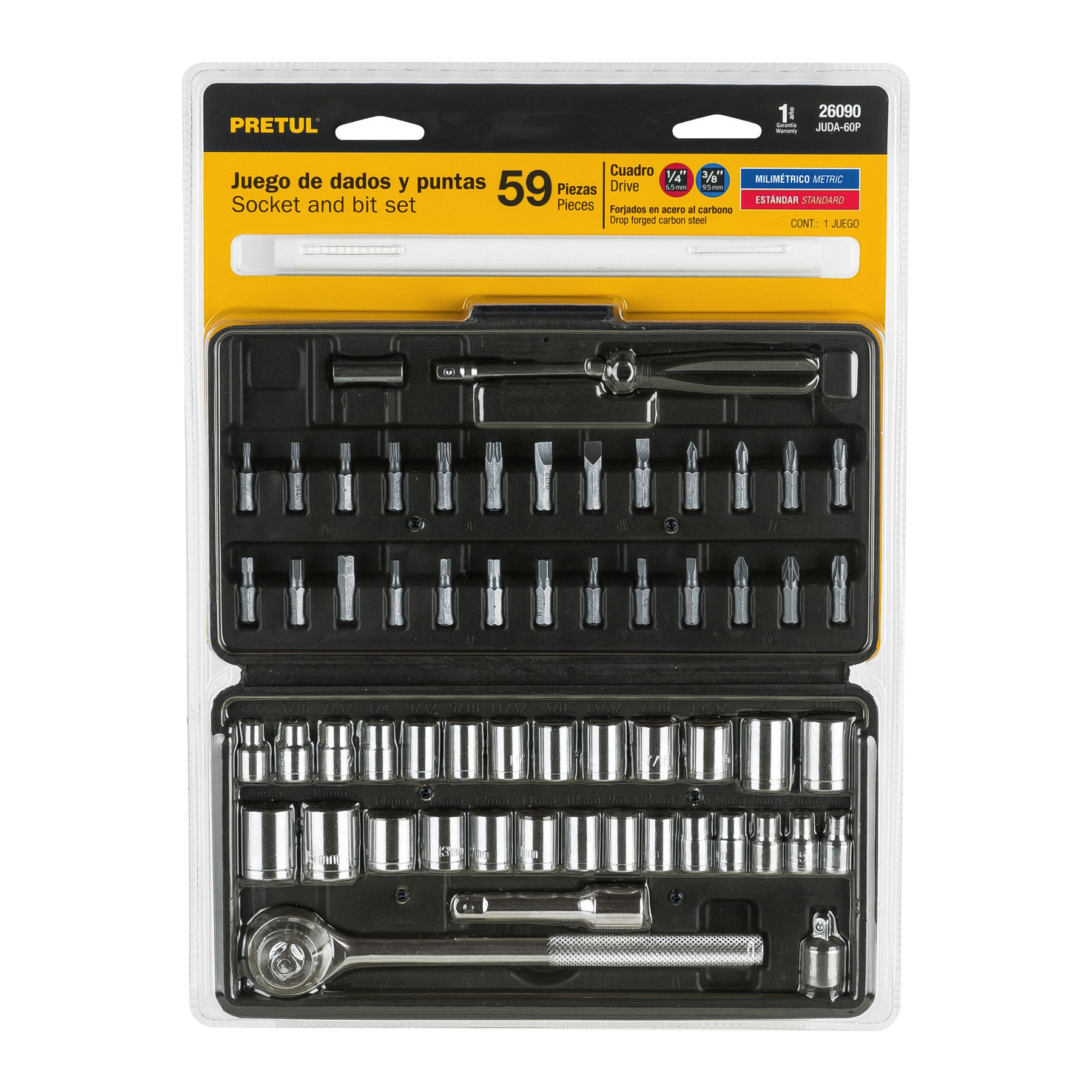 Juego de 60 herramientas 1/4" y 3/8" para mecánico, Pretul