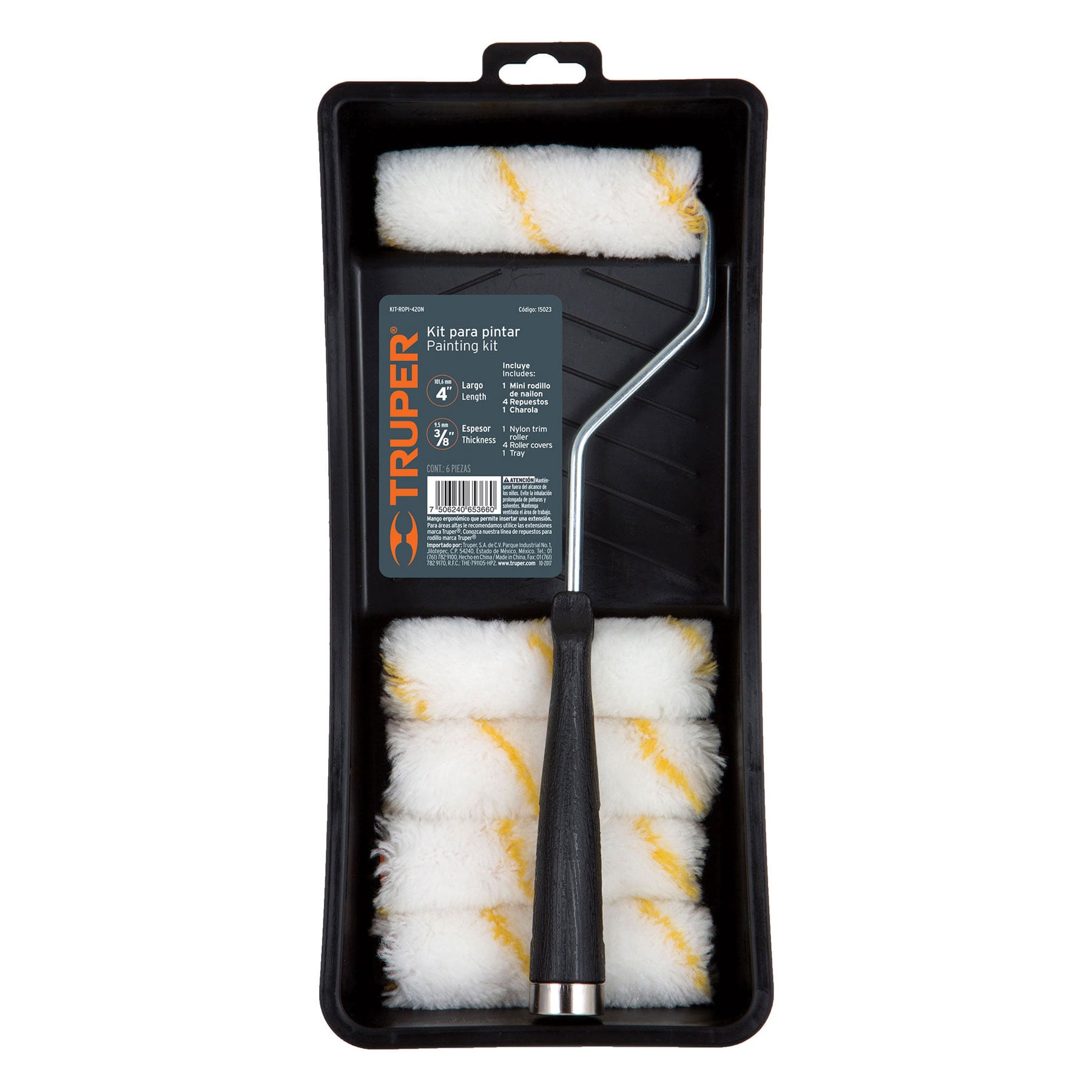 Kit de rodillo para pintar, 4" (maneral, charola y 5 felpas)