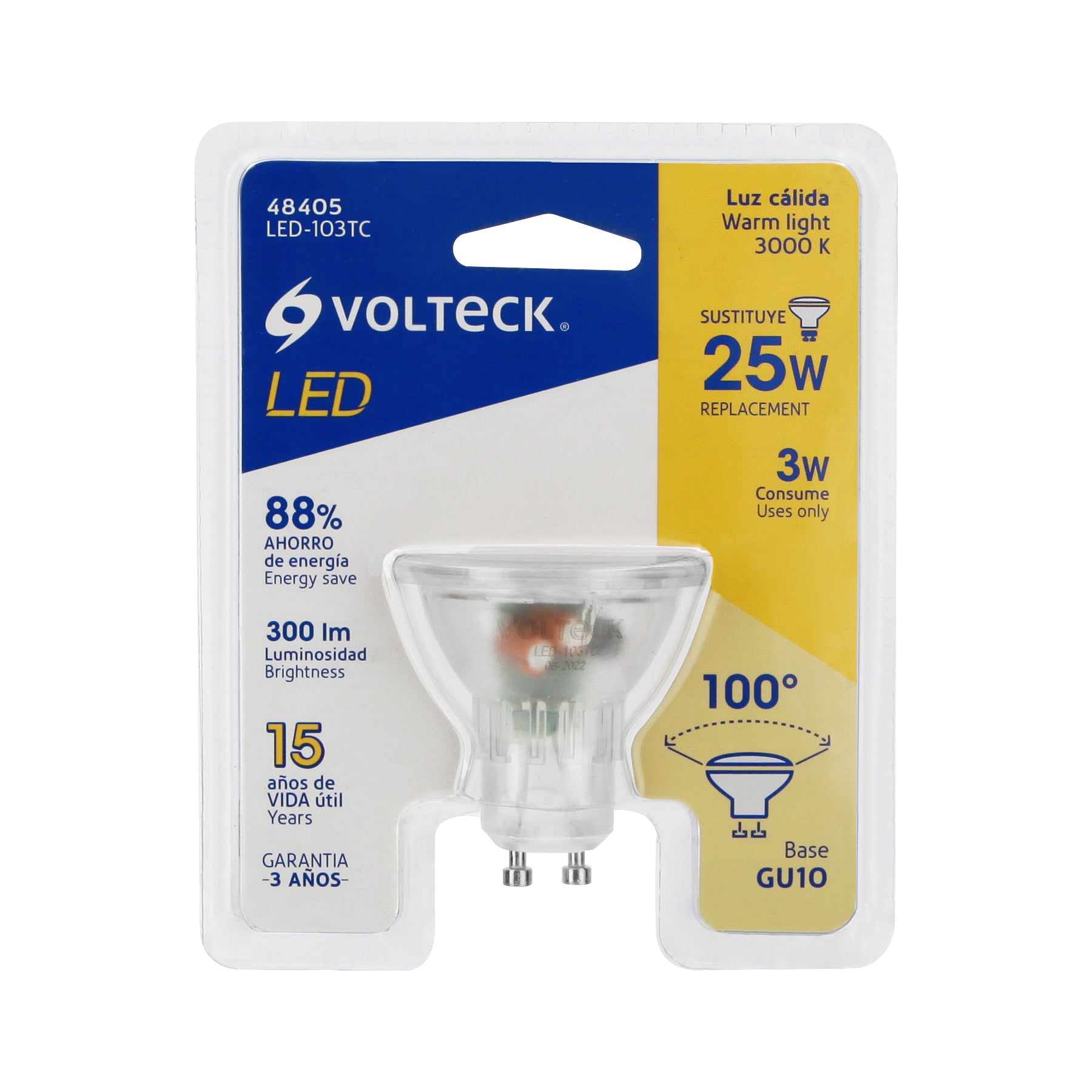 Lámpara transparentes de LED 3 W MR16 base GU10 luz cálida, blíster