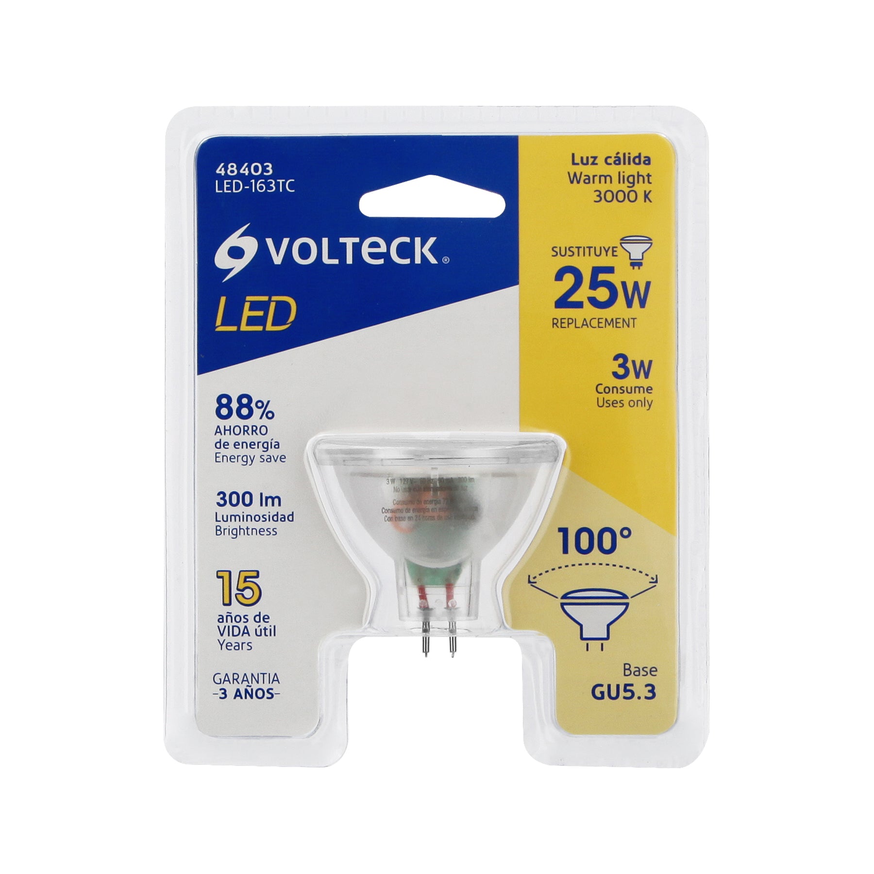 Lámpara transparentes de LED 3W MR16 base GU5.3 luz cálida, blíster