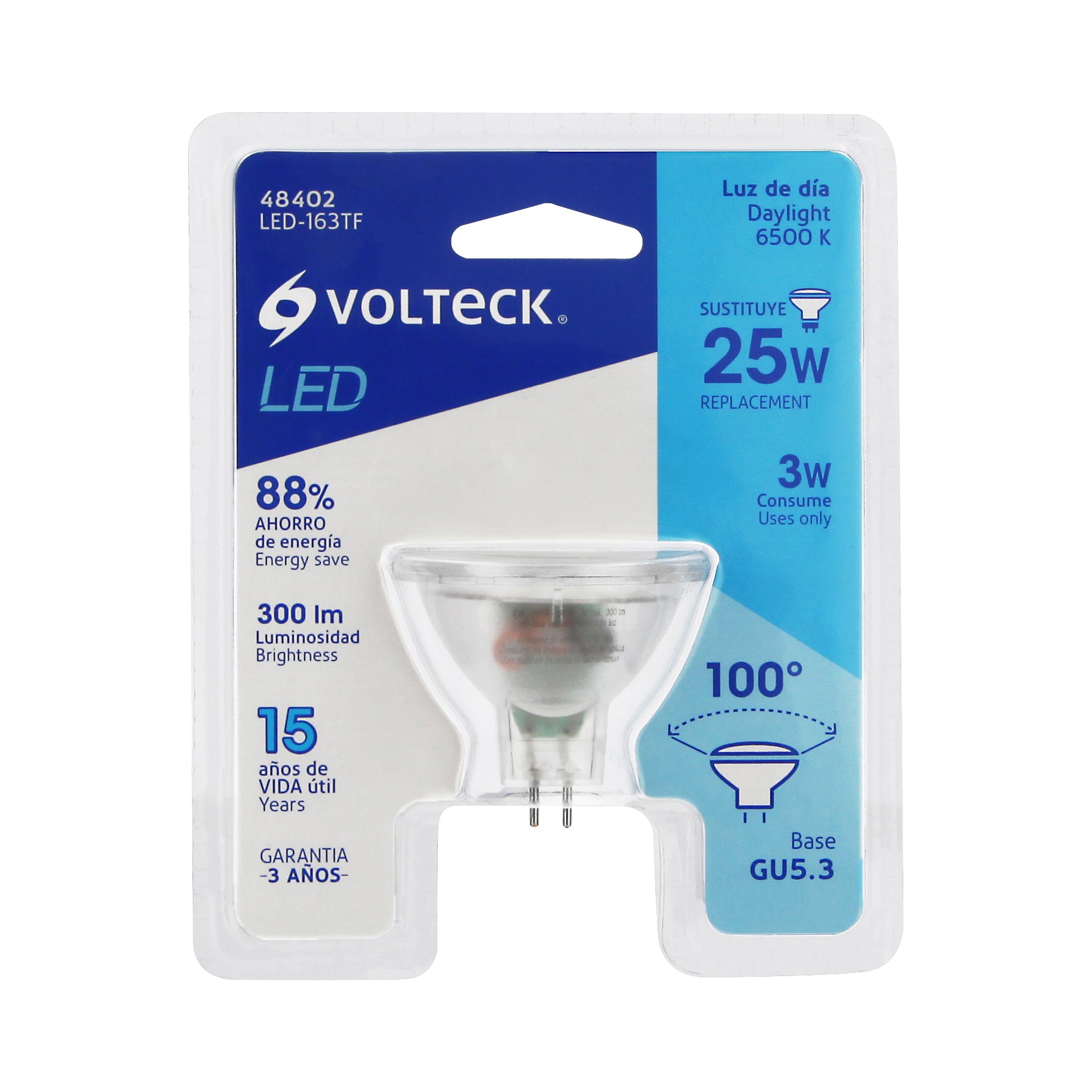 Lámpara transparentes de LED 3W MR16 base GU5.3 luz de día, blíster