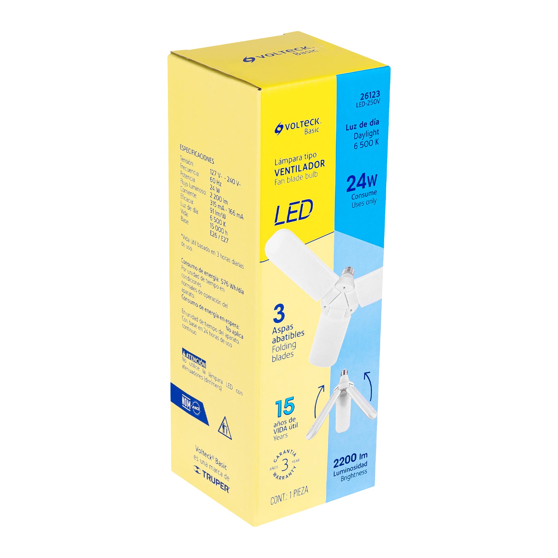 Lámpara LED 24W tipo ventilador, 3 aspas ajustables, Volteck