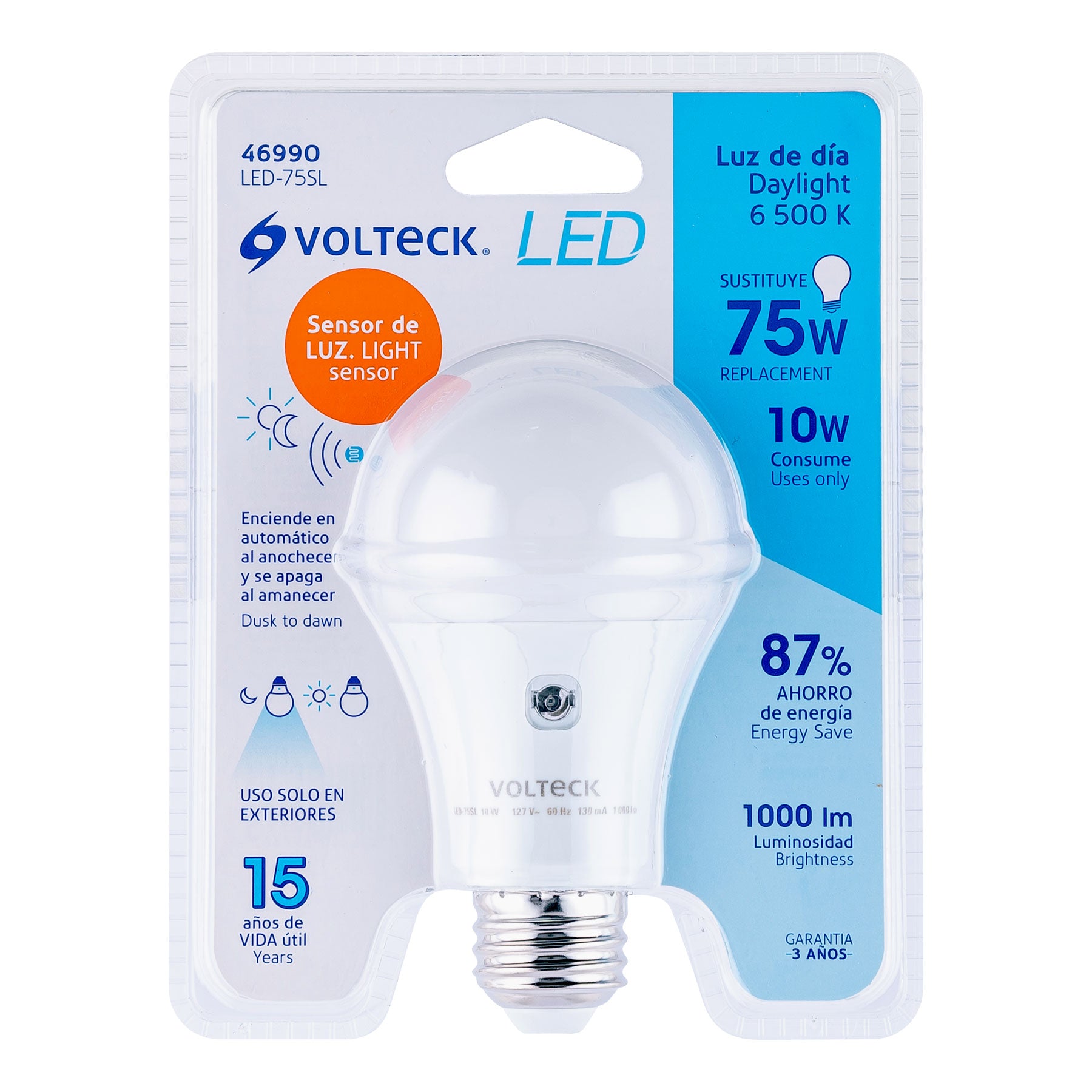 Lámpara LED tipo bulbo A19 10 W con sensor de luz, Volteck