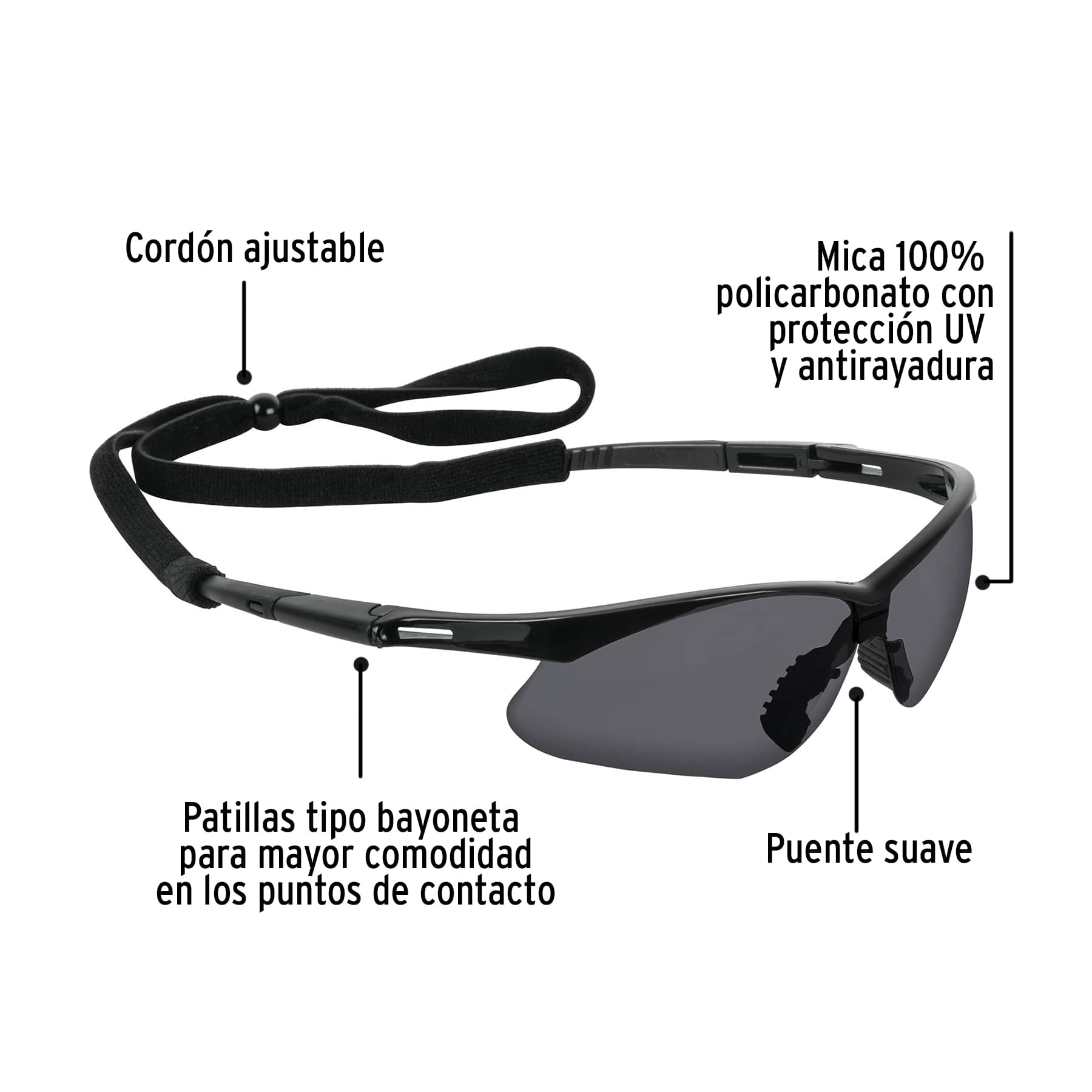 Lentes seguridad grises antiempaño con cordón ajustable, Sport