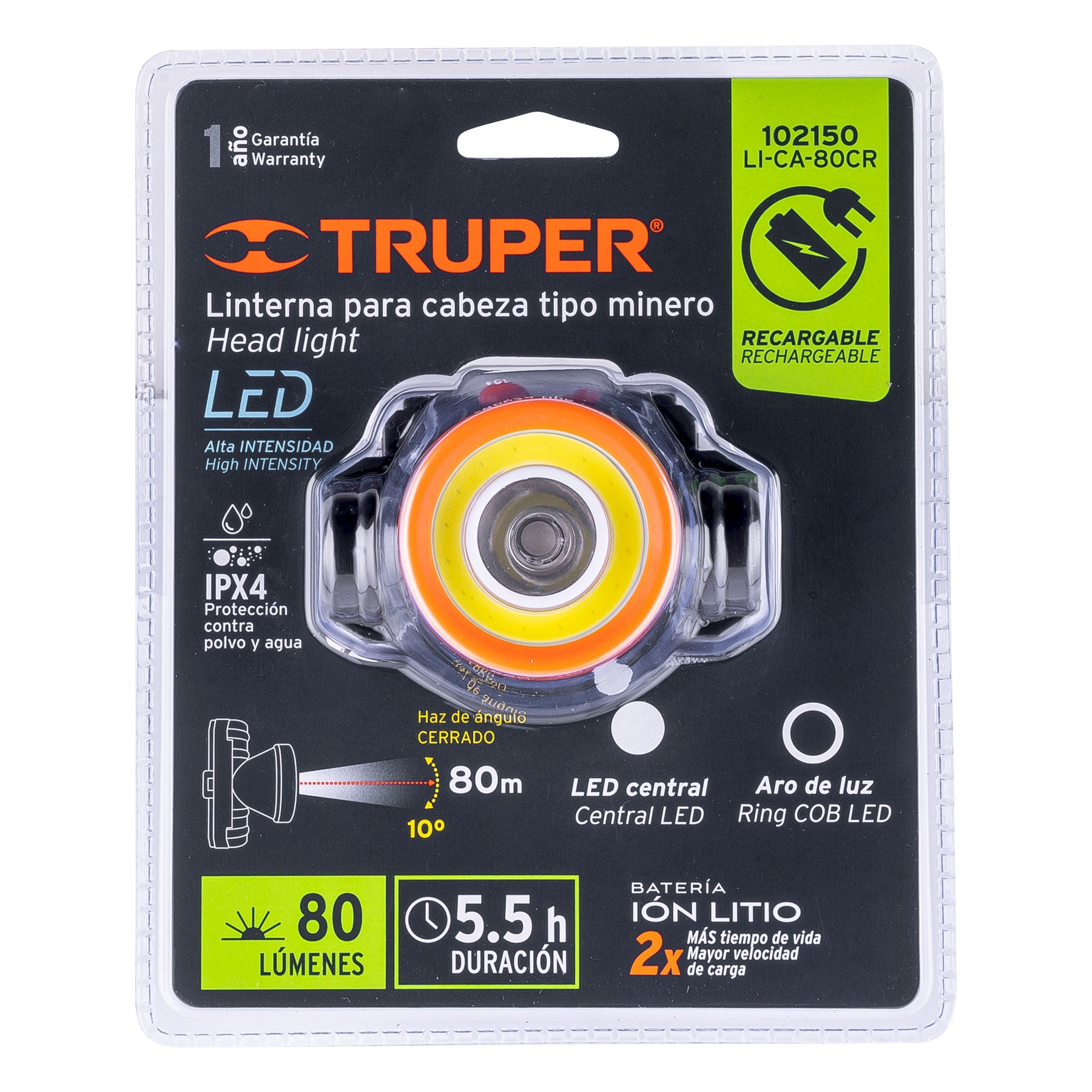 Linterna de minero LED 80 lm, recargable, Truper
