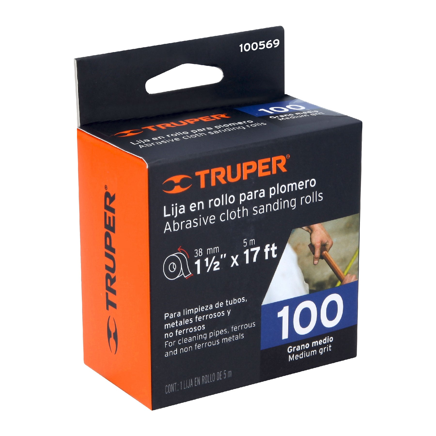 Rollo de 5 m de lija para plomero grano 100 ancho 1-1/2"