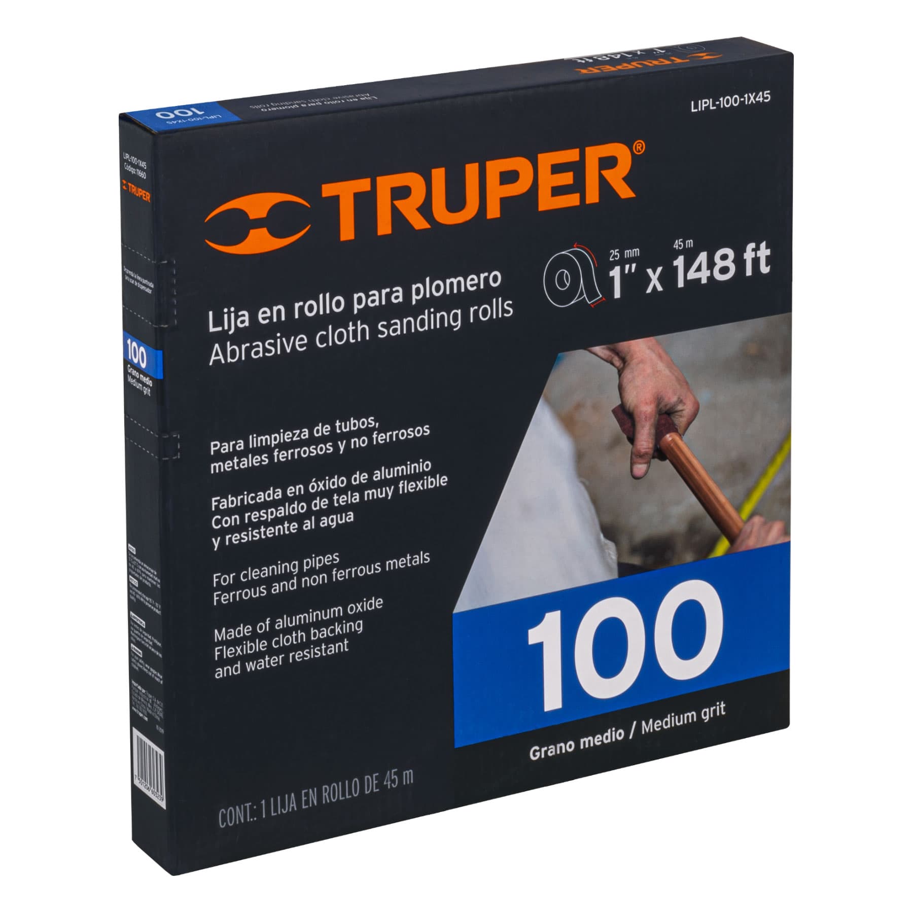 Rollo de 45 m de lija para plomero grano 100 ancho 1"