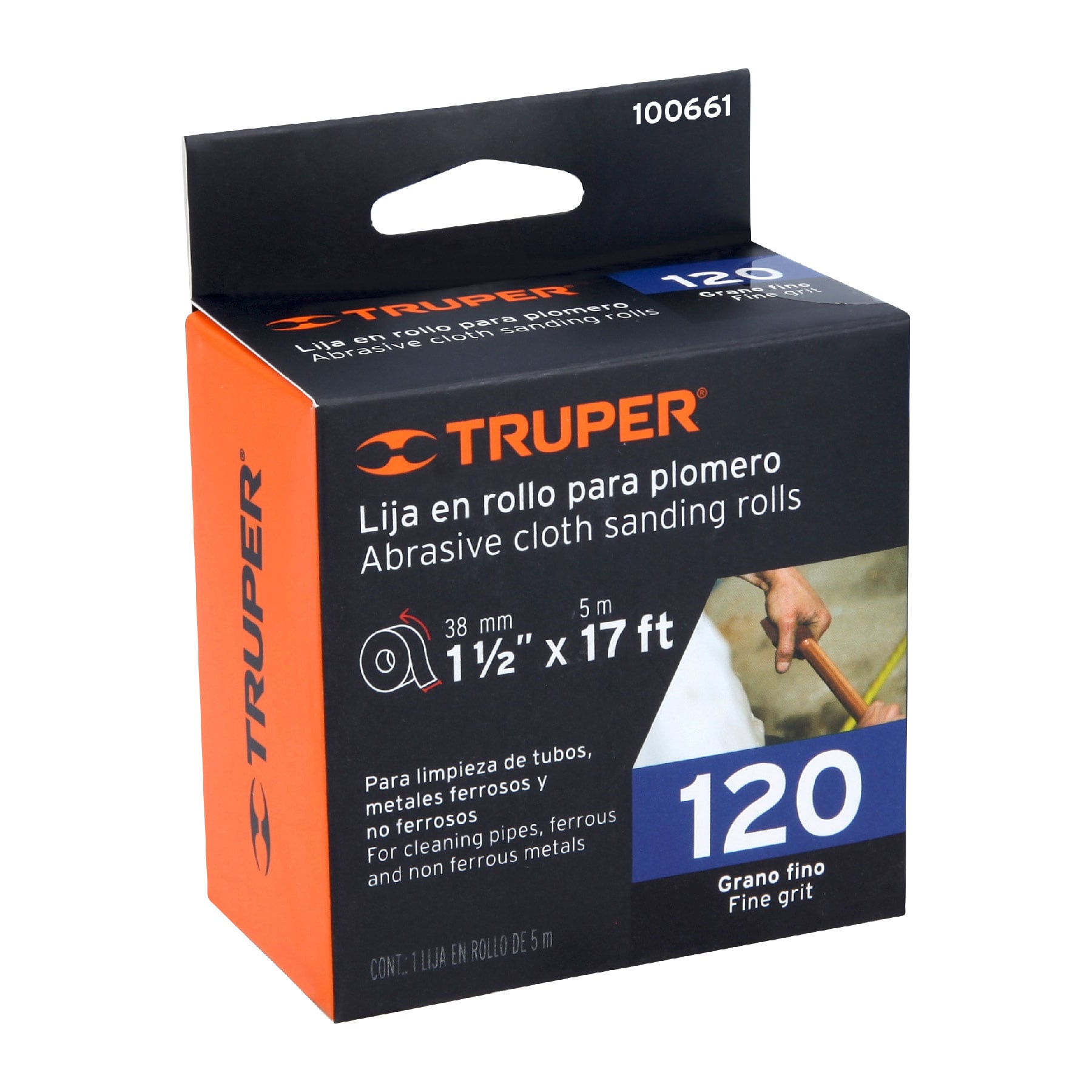 Rollo de 5 m de lija para plomero grano 120 ancho 1-1/2"