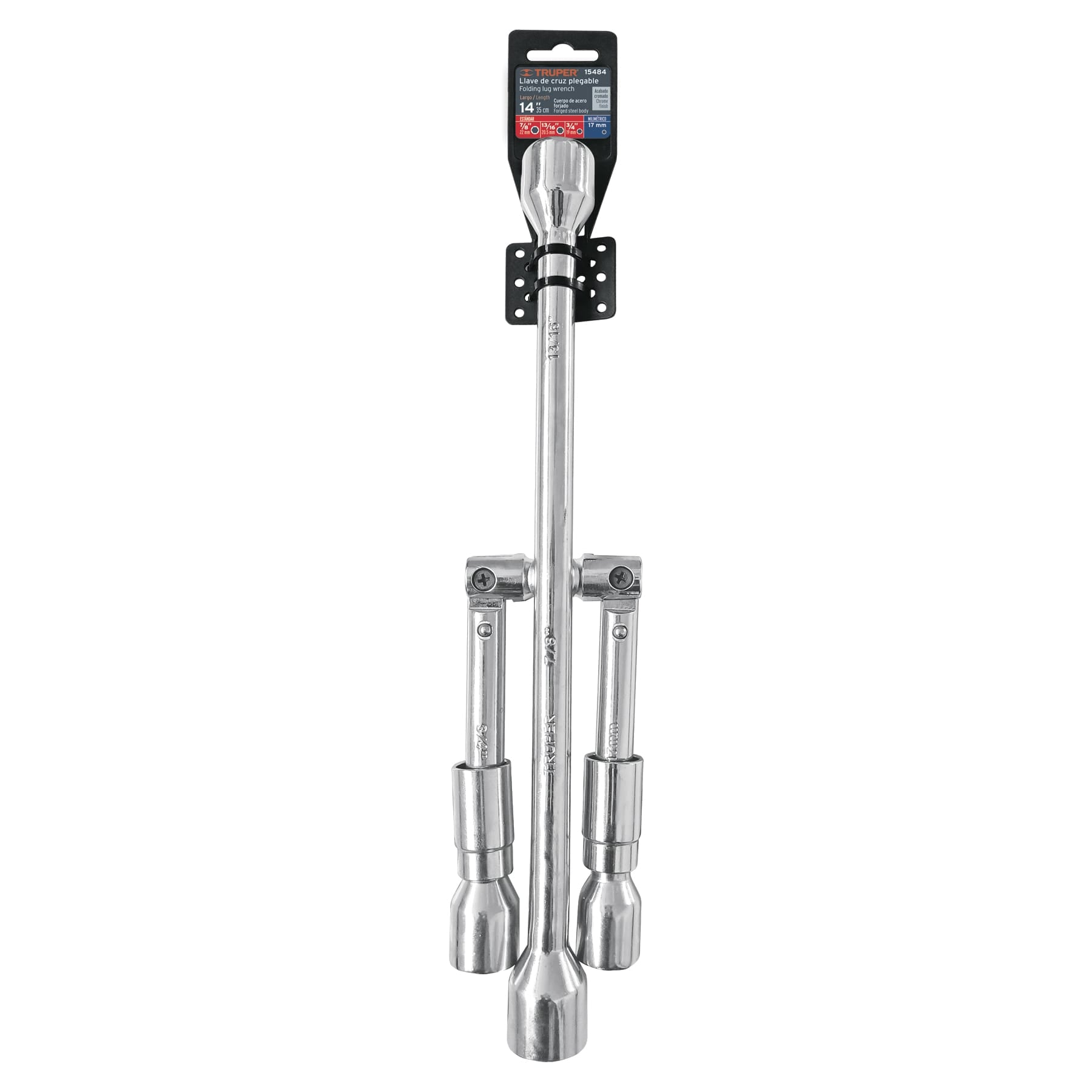 Llave de cruz 14" plegable pulida y cromada, Truper