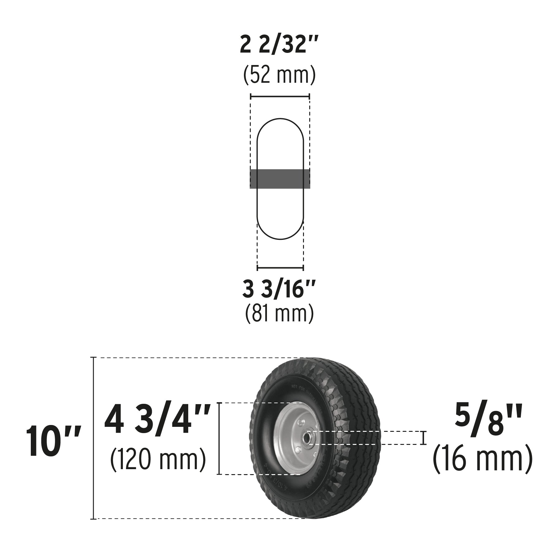 Rueda imponchable 10" para eje lateral, Truper