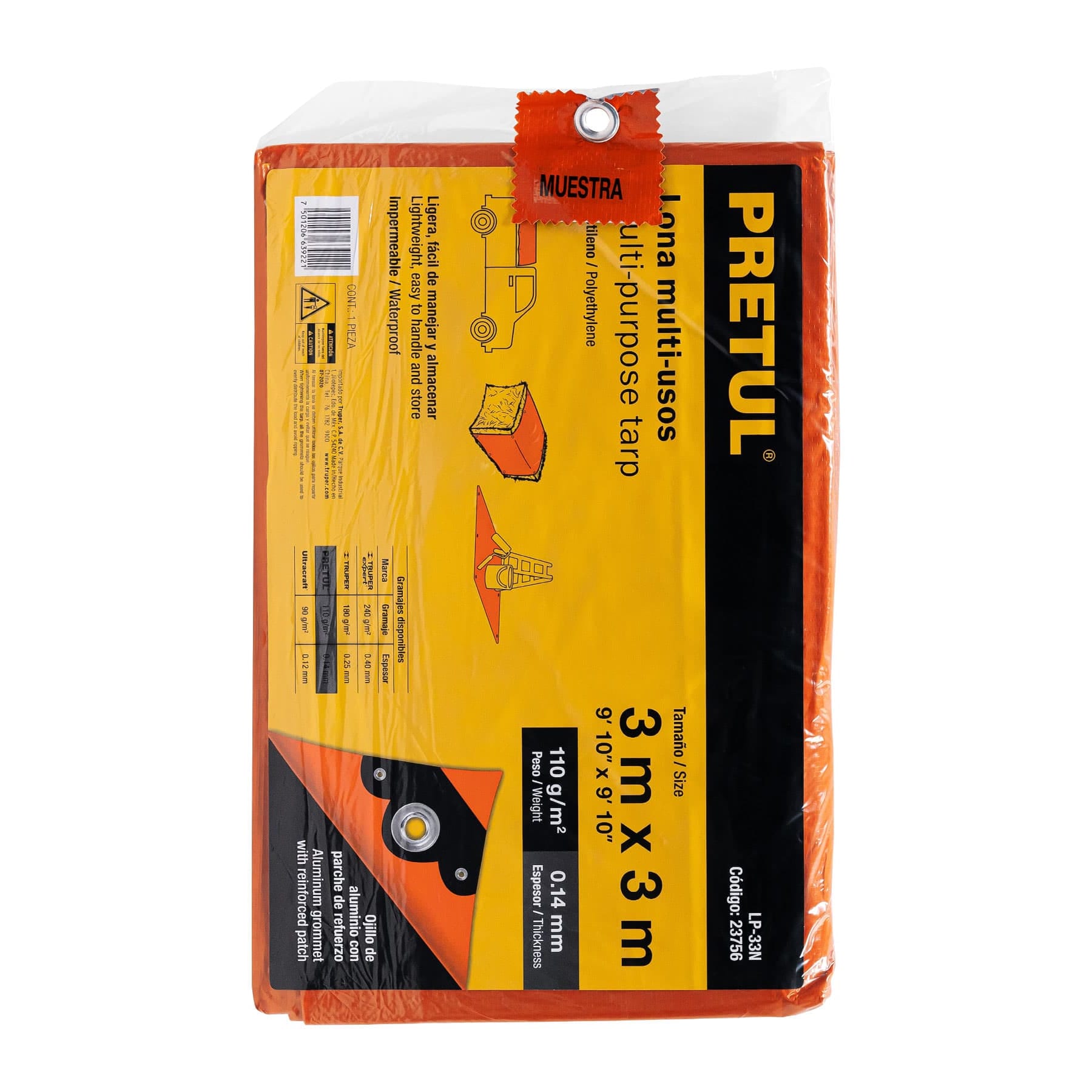 Lona de polietileno 3 x 3 m, naranja, 110 g/m2, Pretul