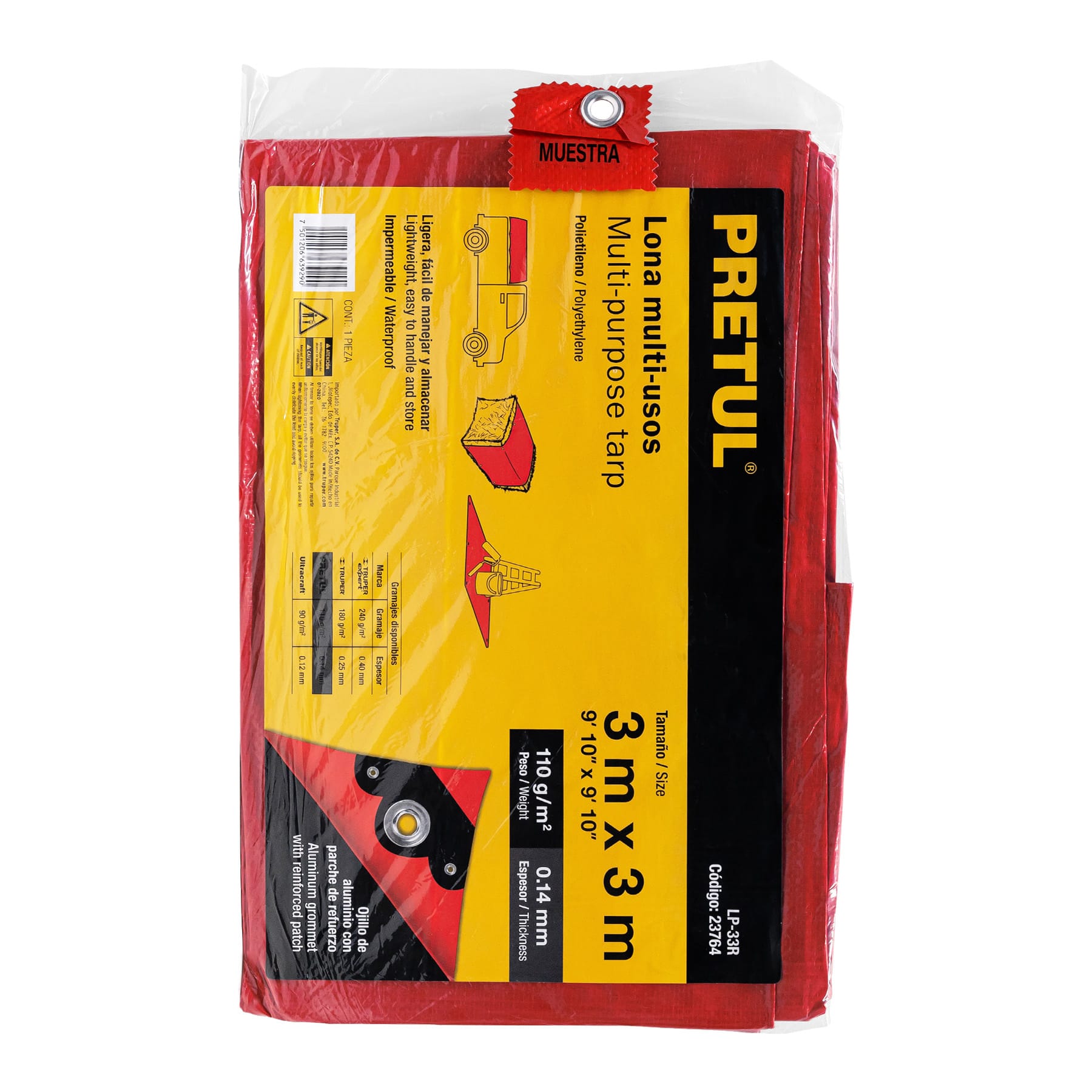 Lona de polietileno 3 x 3 m, roja, 110 g/m2, Pretul