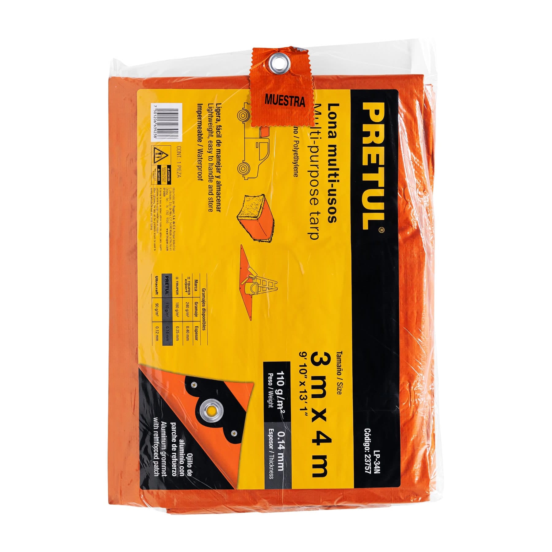 Lona de polietileno 3 x 4 m, naranja, 110 g/m2, Pretul