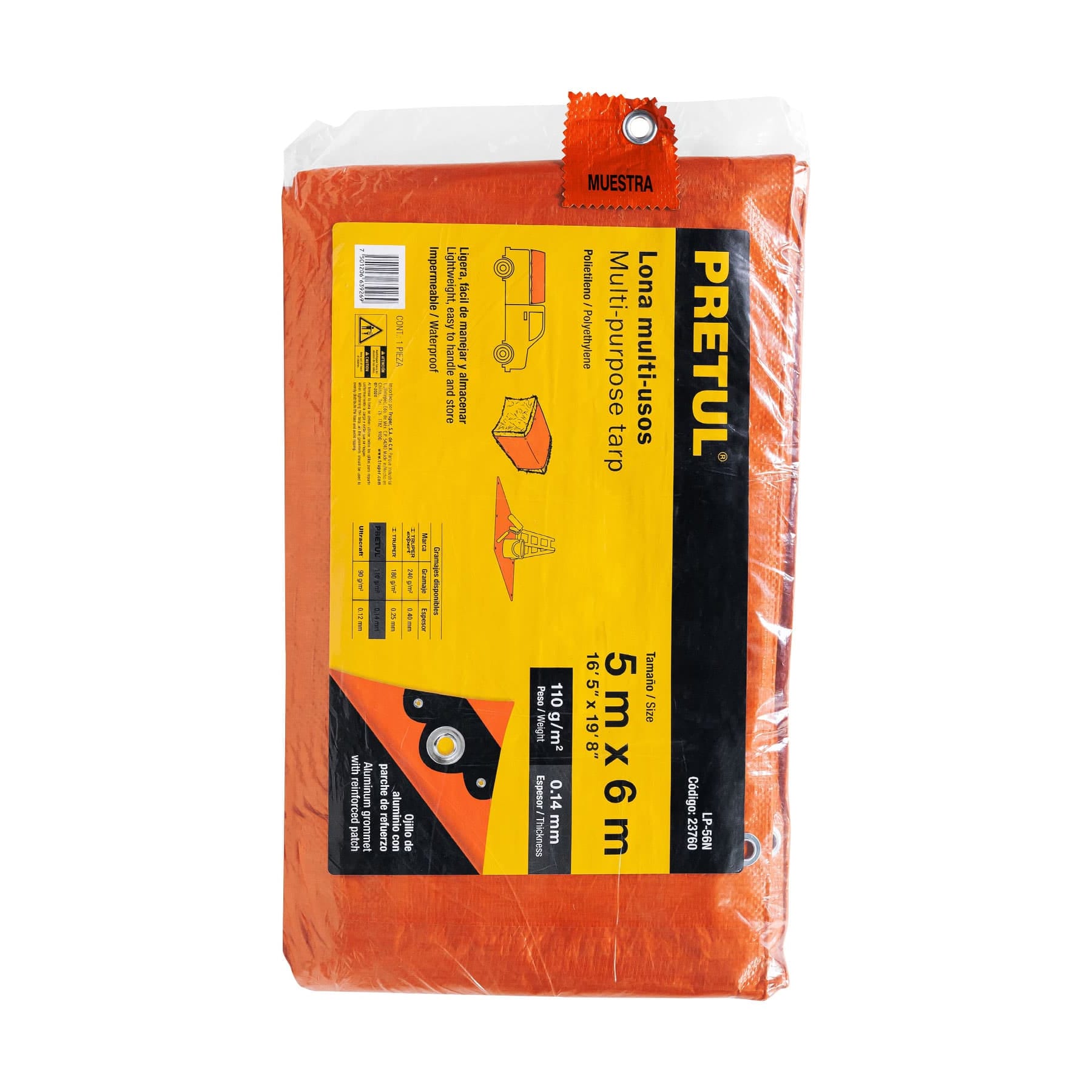 Lona de polietileno 5 x 6 m, naranja, 110 g/m2, Pretul