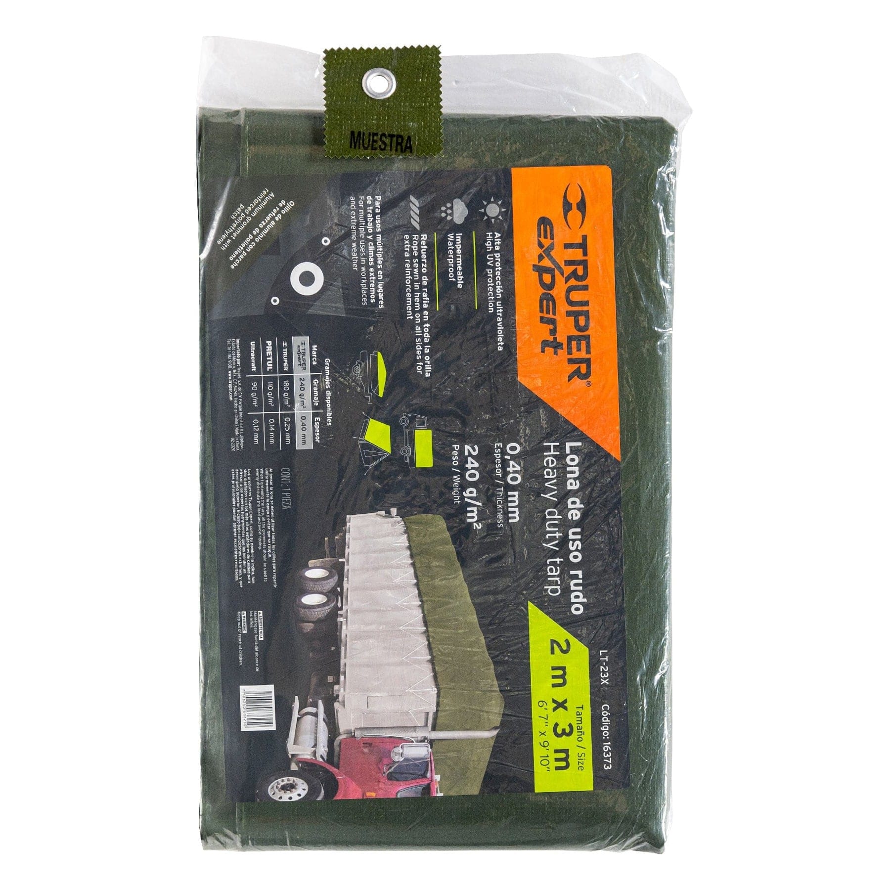 Lona uso rudo 2 x 3 m, verde olivo, 240 g/m2, Truper Expert