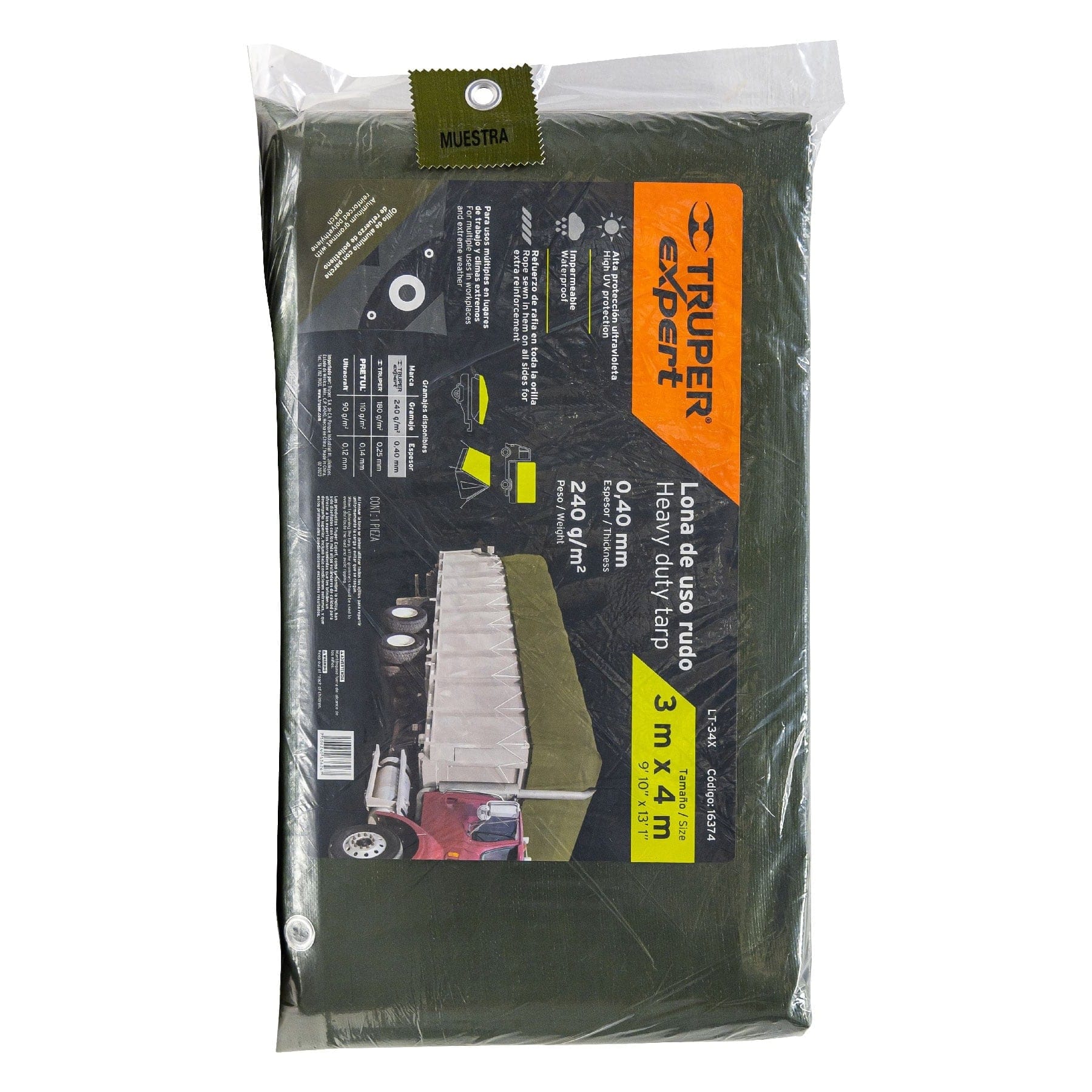Lona uso rudo 3 x 4 m, verde olivo, 240 g/m2, Truper Expert