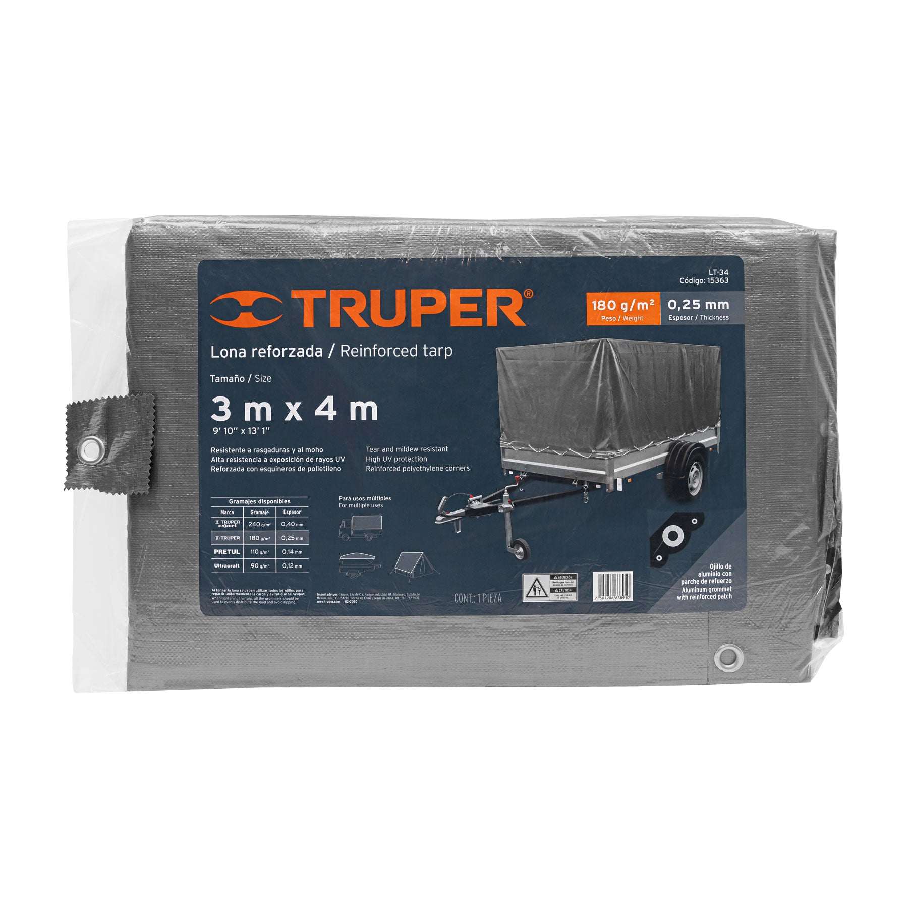 Lona de polietileno reforzada 3 x 4 m, gris, 180g/m2, Truper
