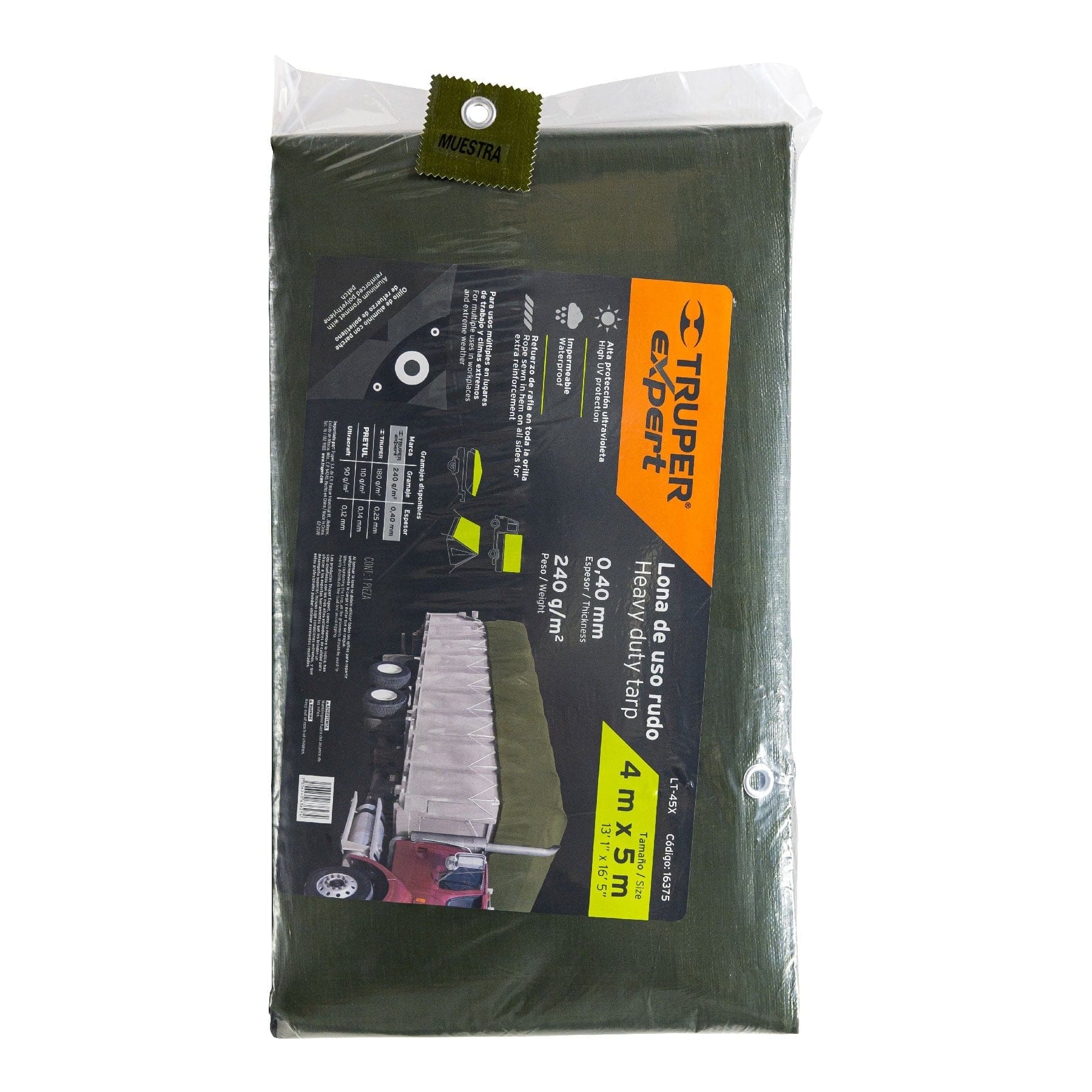 Lona uso rudo 4 x 5 m, verde olivo, 240 g/m2, Truper Expert