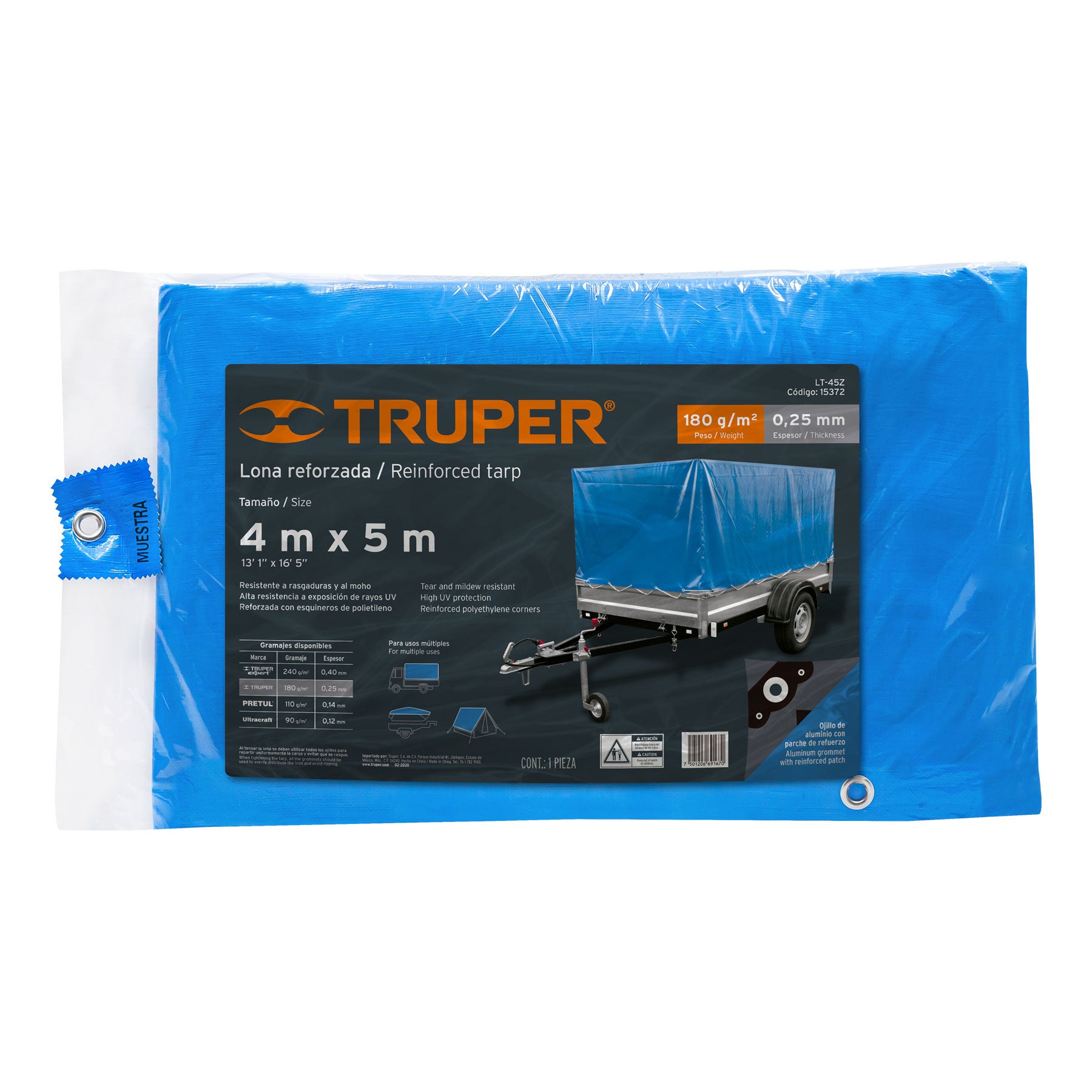 Lona de polietileno reforzada 4 x 5 m, azul, 180g/m2, Truper