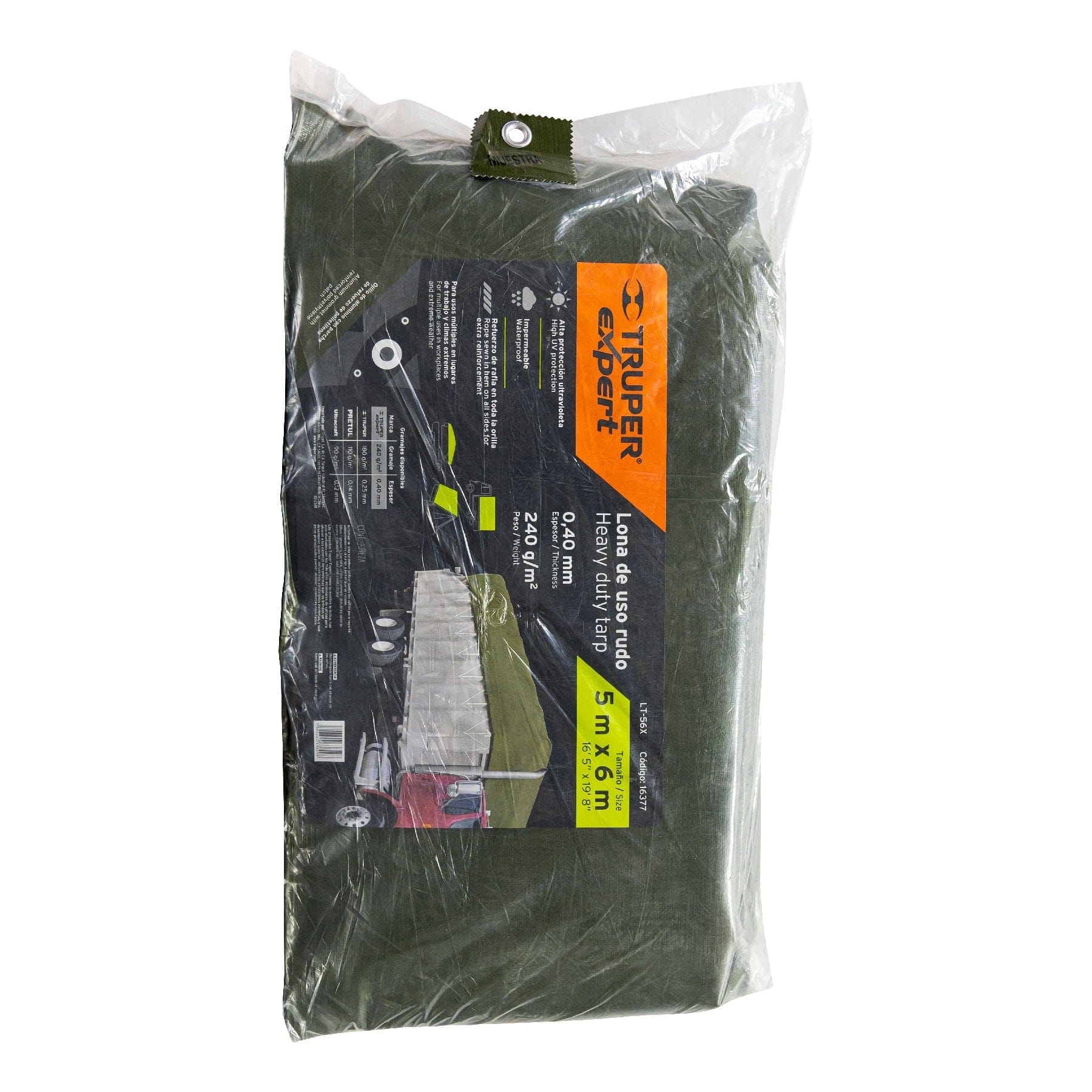 Lona uso rudo 5 x 6 m, verde olivo, 240 g/m2, Truper Expert