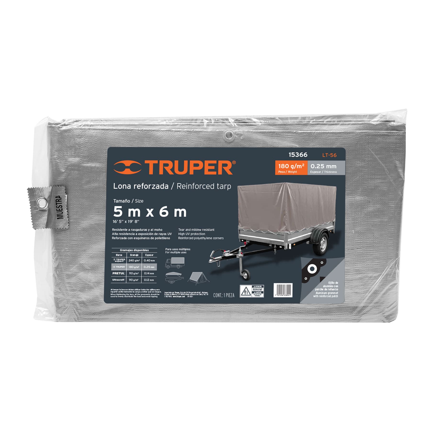 Lona de polietileno reforzada 5 x 6 m, gris, 180g/m2, Truper