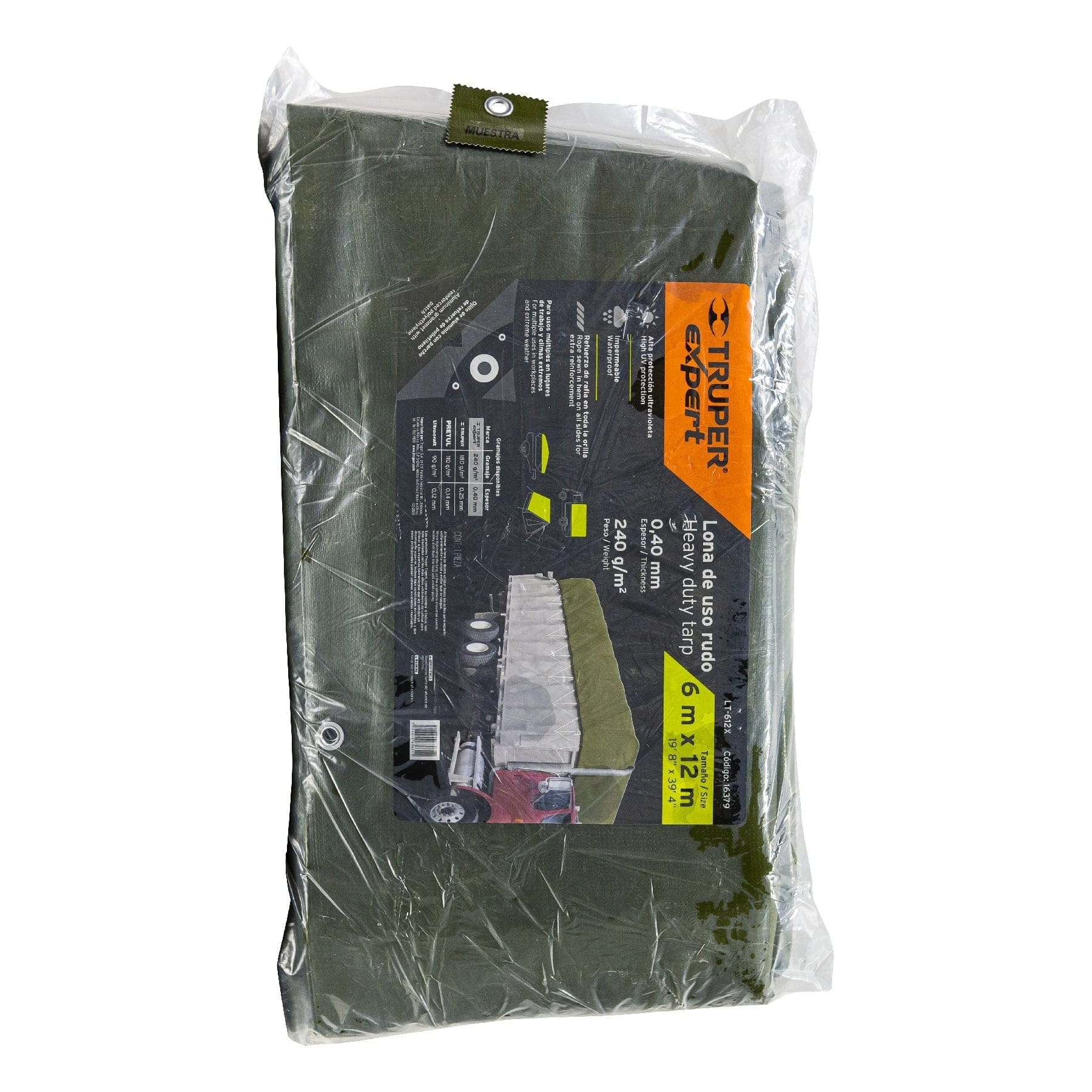 Lona uso rudo 6 x 12 m, verde olivo, 240 g/m2, Truper Expert