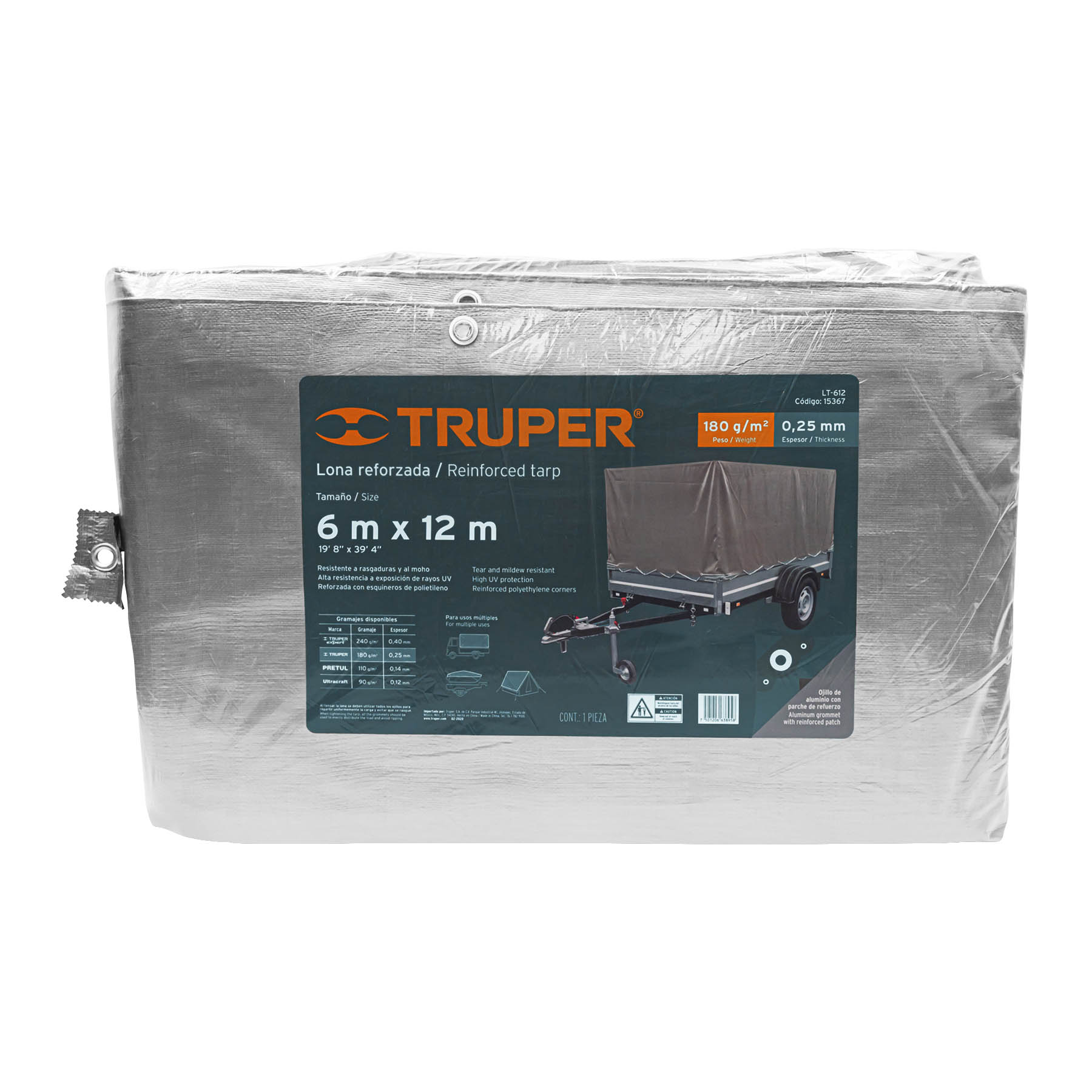 Lona de polietileno reforzada 6x12 m, gris, 180g/m2, Truper