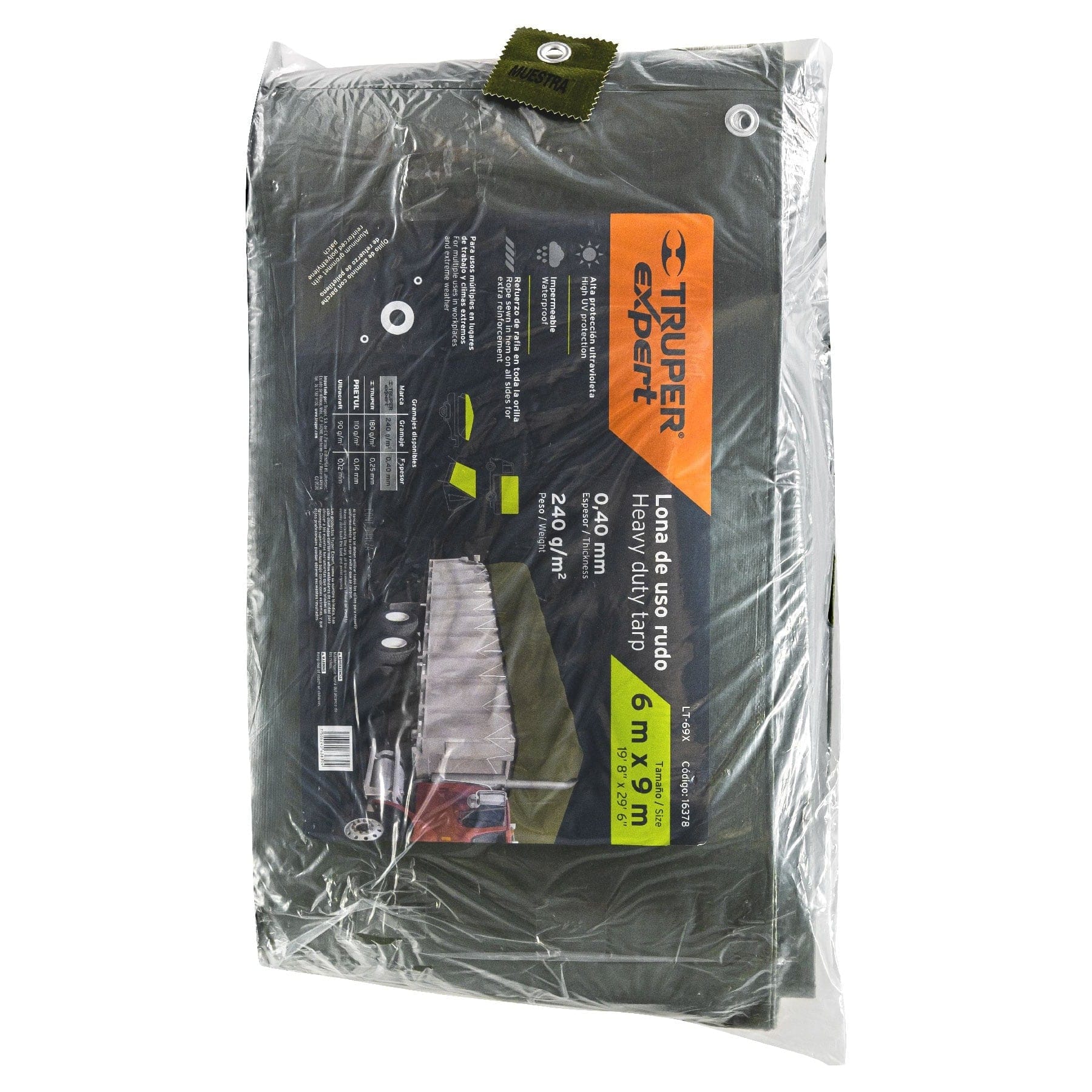 Lona uso rudo 6 x 9 m, verde olivo, 240 g/m2, Truper Expert
