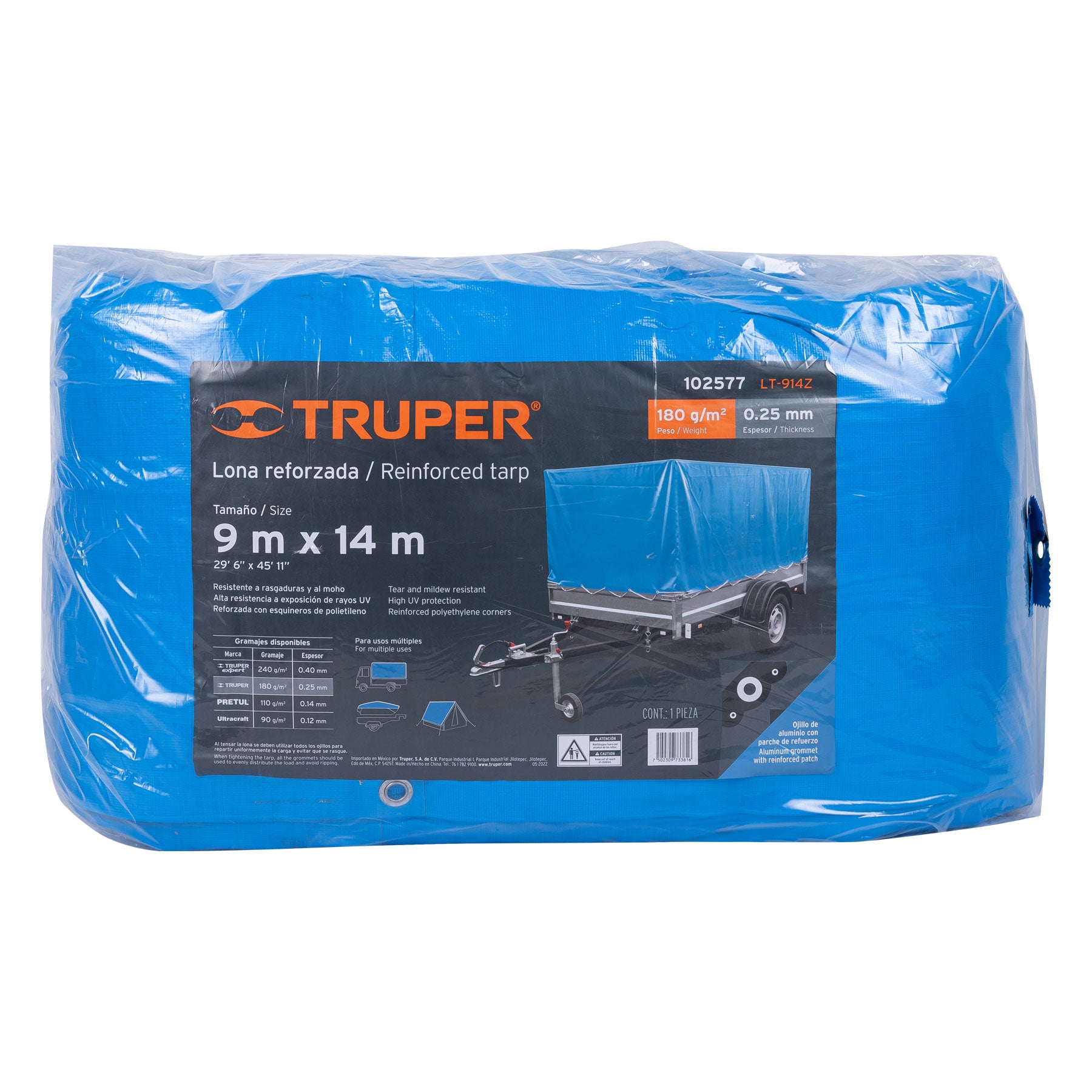 Lona de polietileno reforzada 9x14 m, azul, 180g/m2, Truper