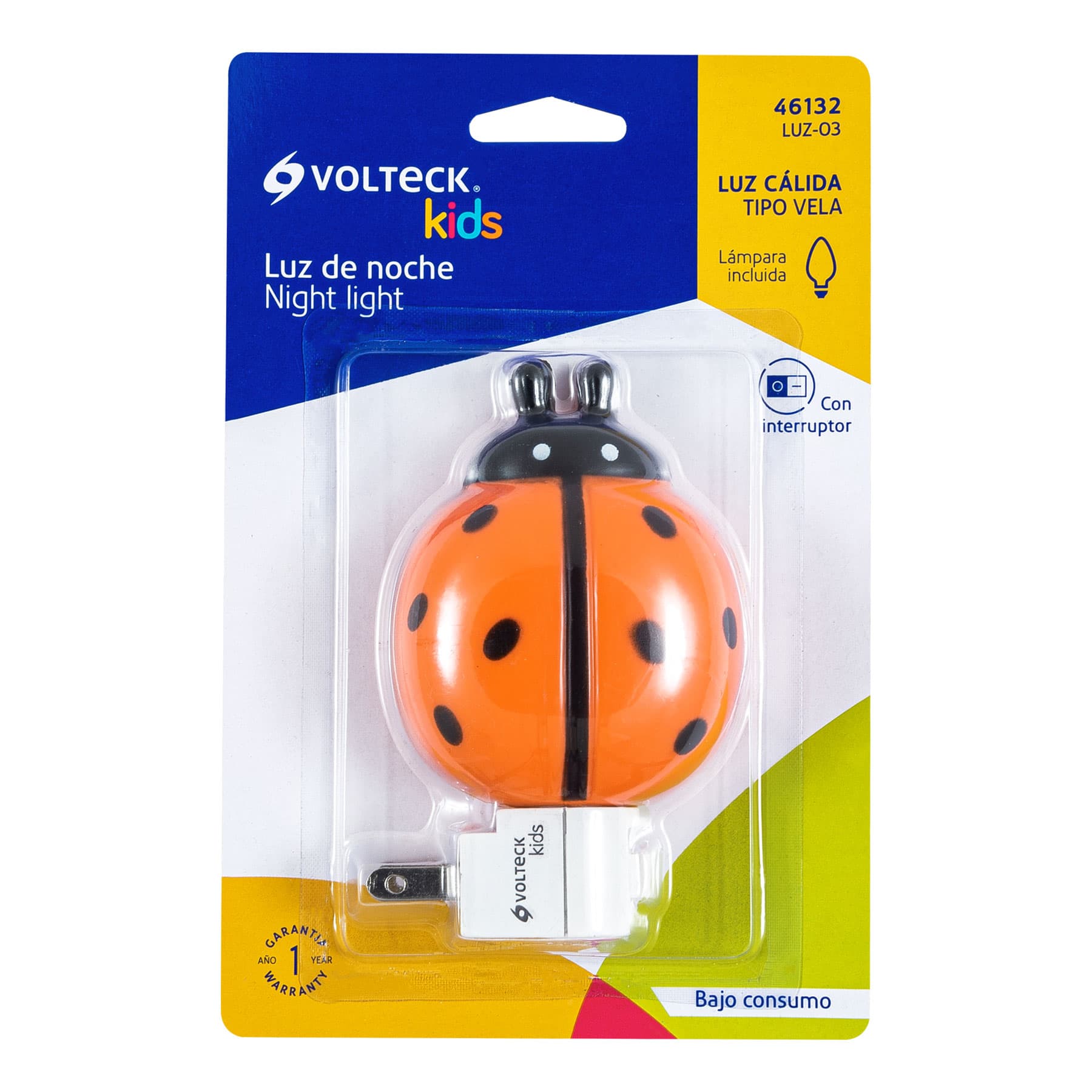 Luz de noche con lámpara E12, catarina, Volteck