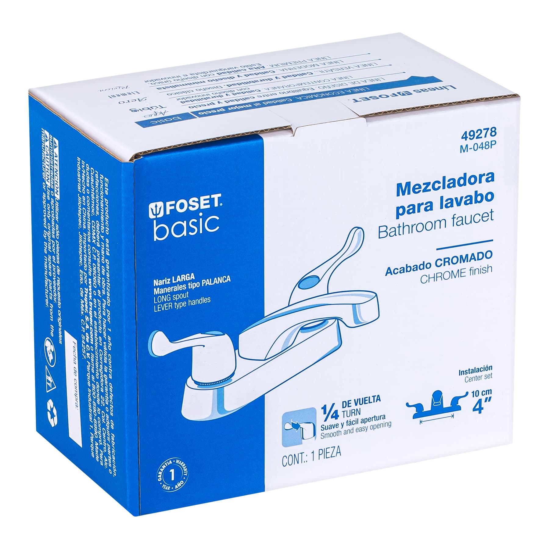 Mezcladora 4" para lavabo, nariz larga, manerales palanca