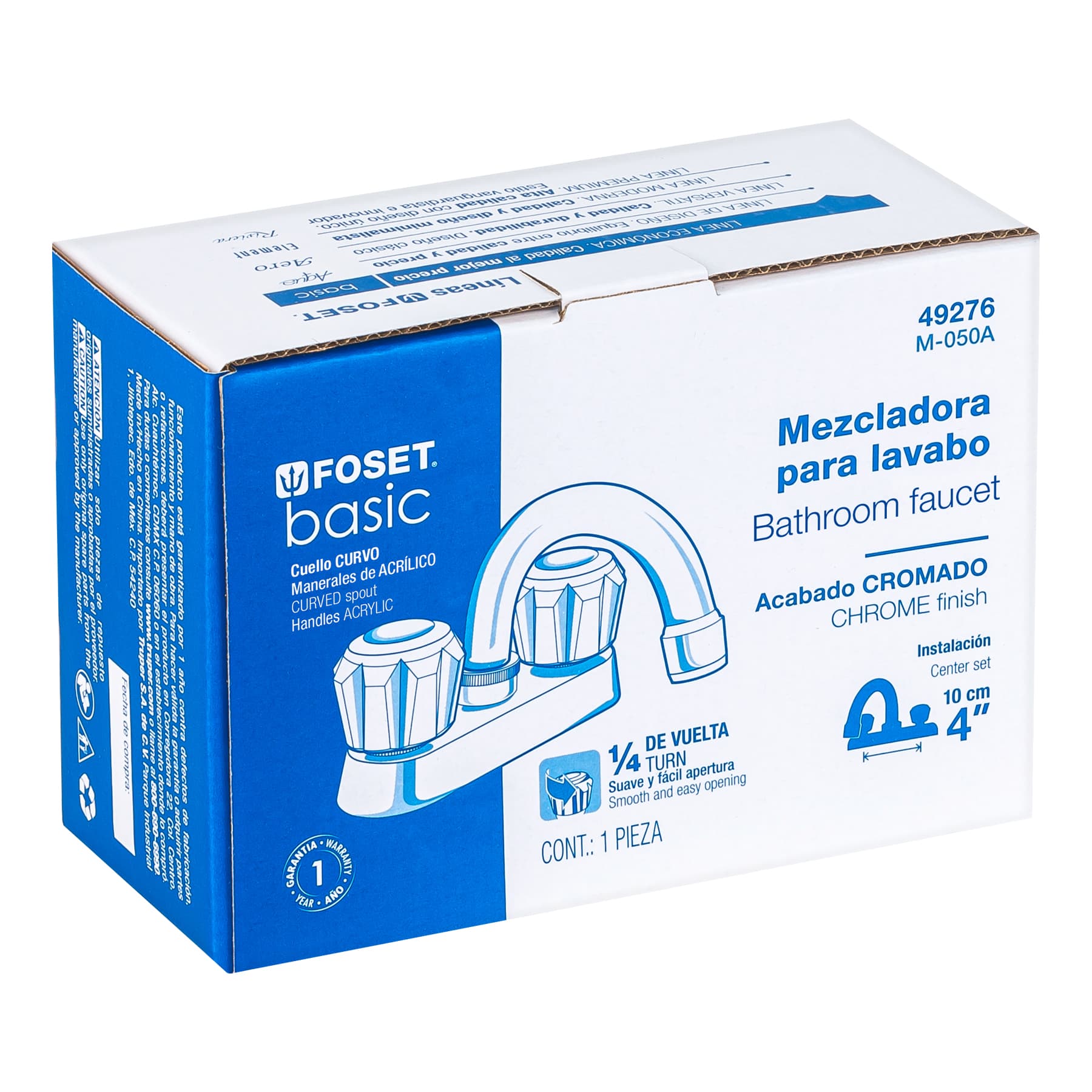Mezcladora 4" para lavabo, cuello curvo, manerales acrílico