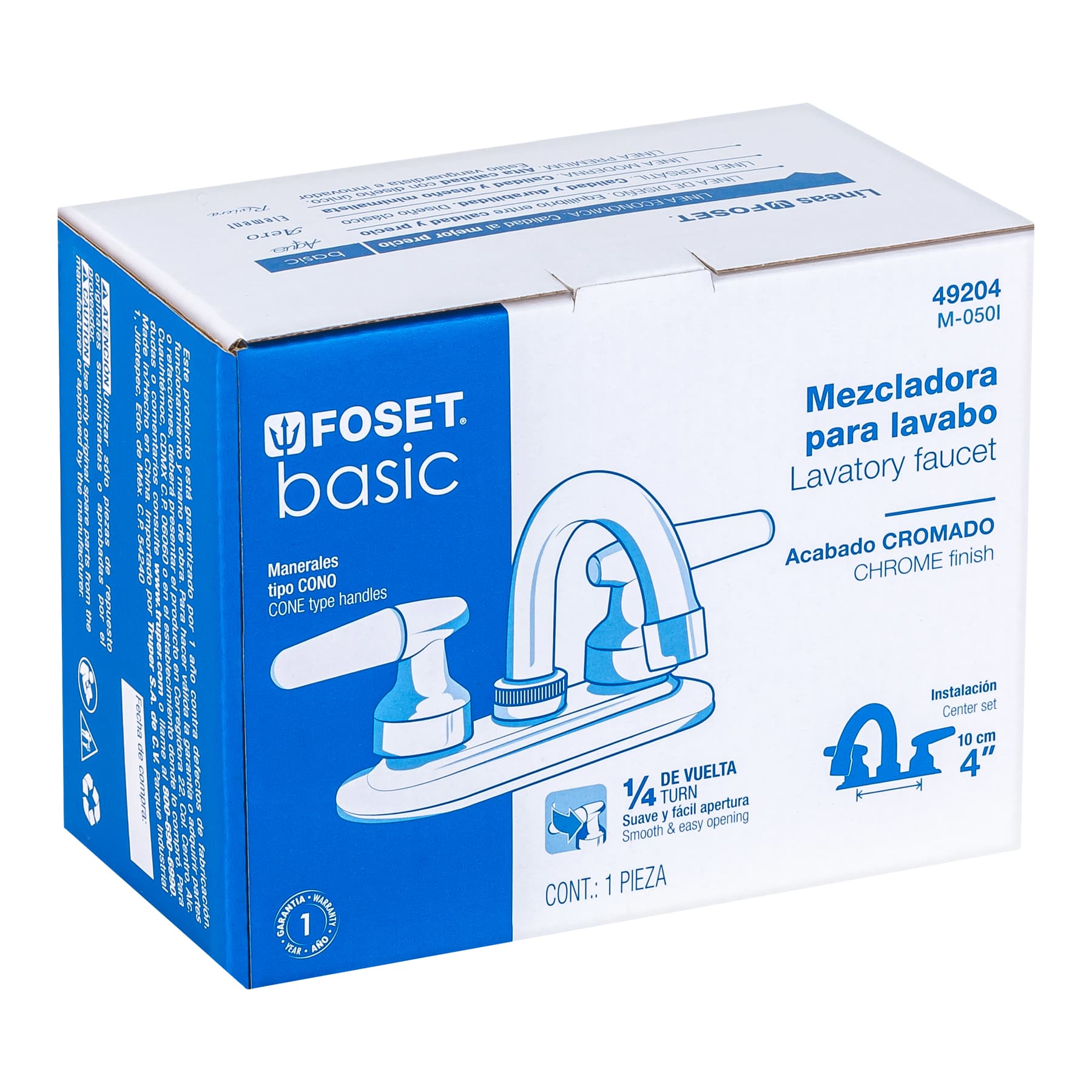 Mezcladora 4" para lavabo, cuello curvo, manerales cono