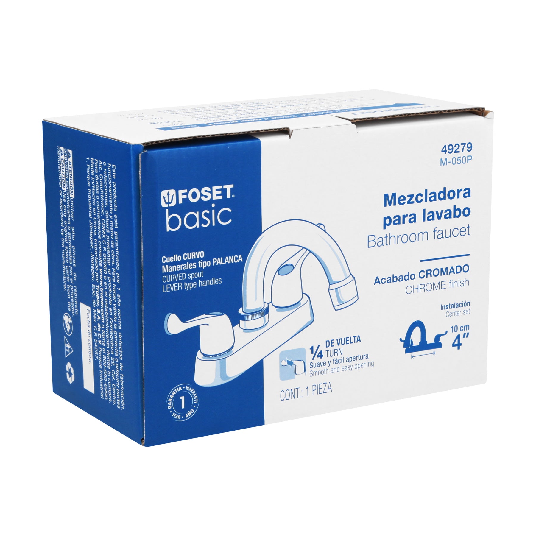 Mezcladora 4" para lavabo, cuello curvo, manerales palanca